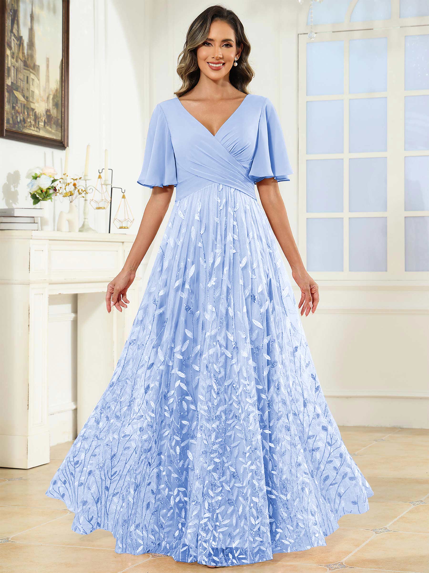 ROVDESY A-Line V-Neck Chiffon Sequin Mother Of The Bride Dress With Short Sleeves