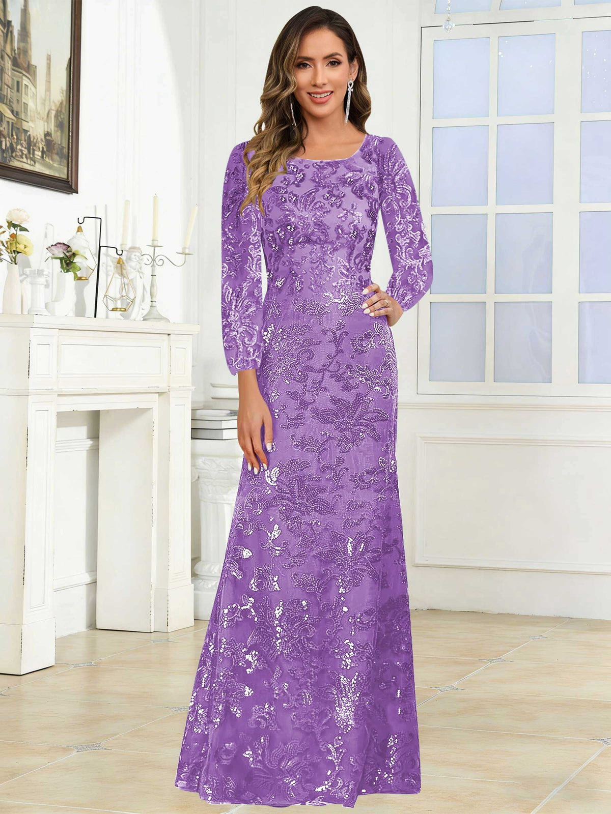 Crew Neck Sequin Lace Long Sleeve Mother of the Bride Dress