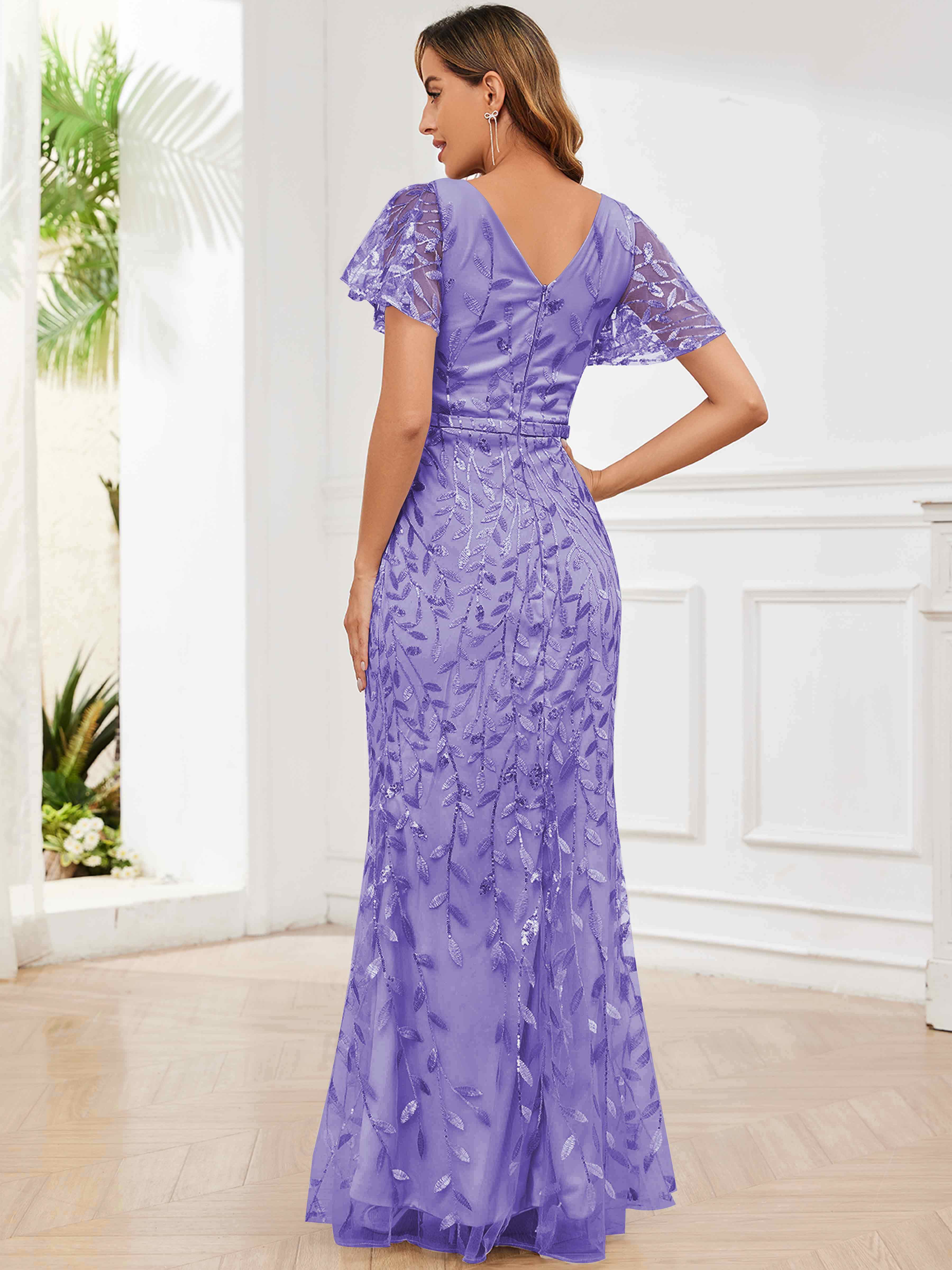 ROVDESY V-Neck Mermaid Sequin Mother Of The Bride Dress With Short Sleeves