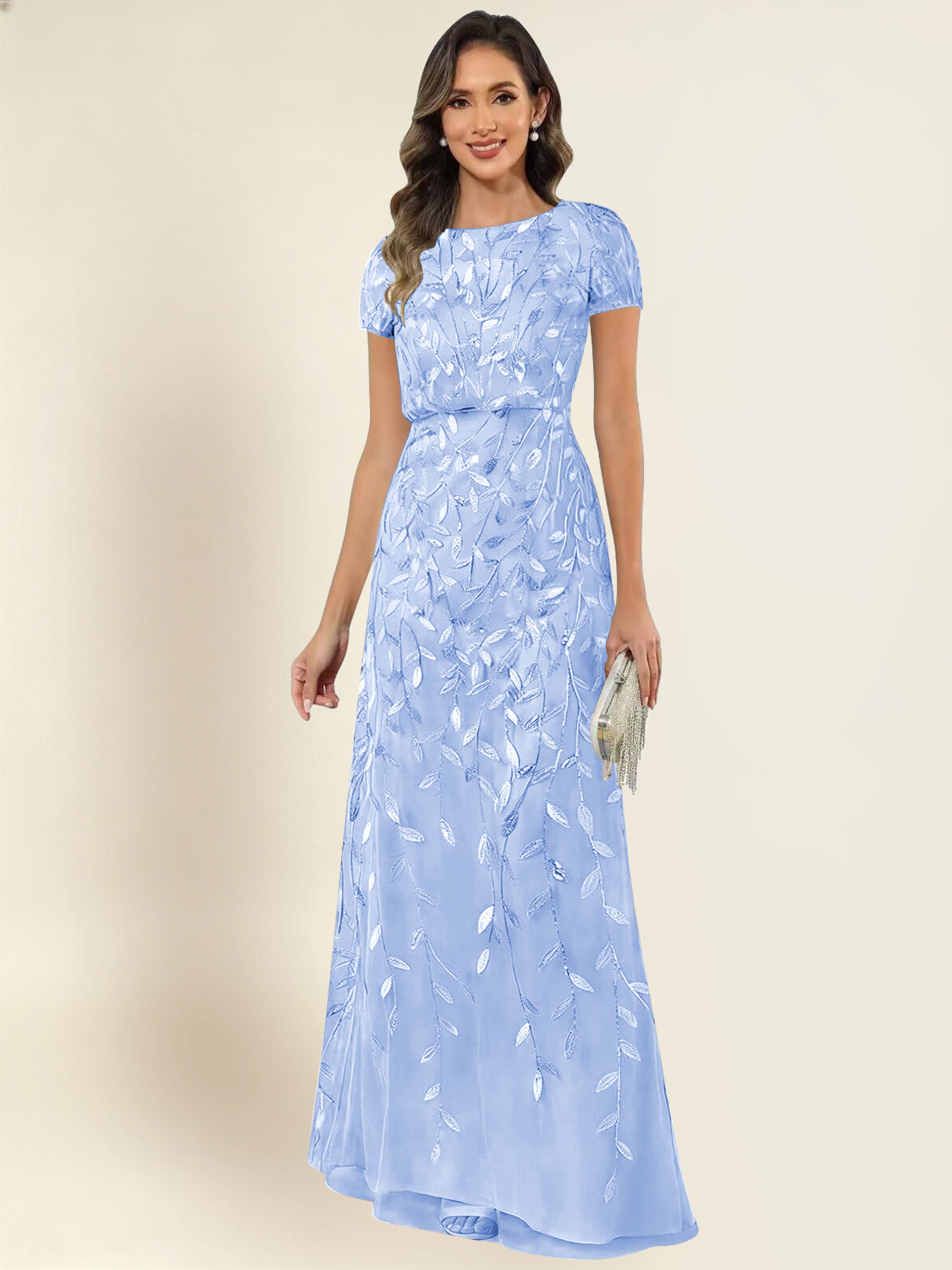 ROVDESY Sequin Mermaid Long Mother Of The Bride Dress With Short Sleeves Formal Gown