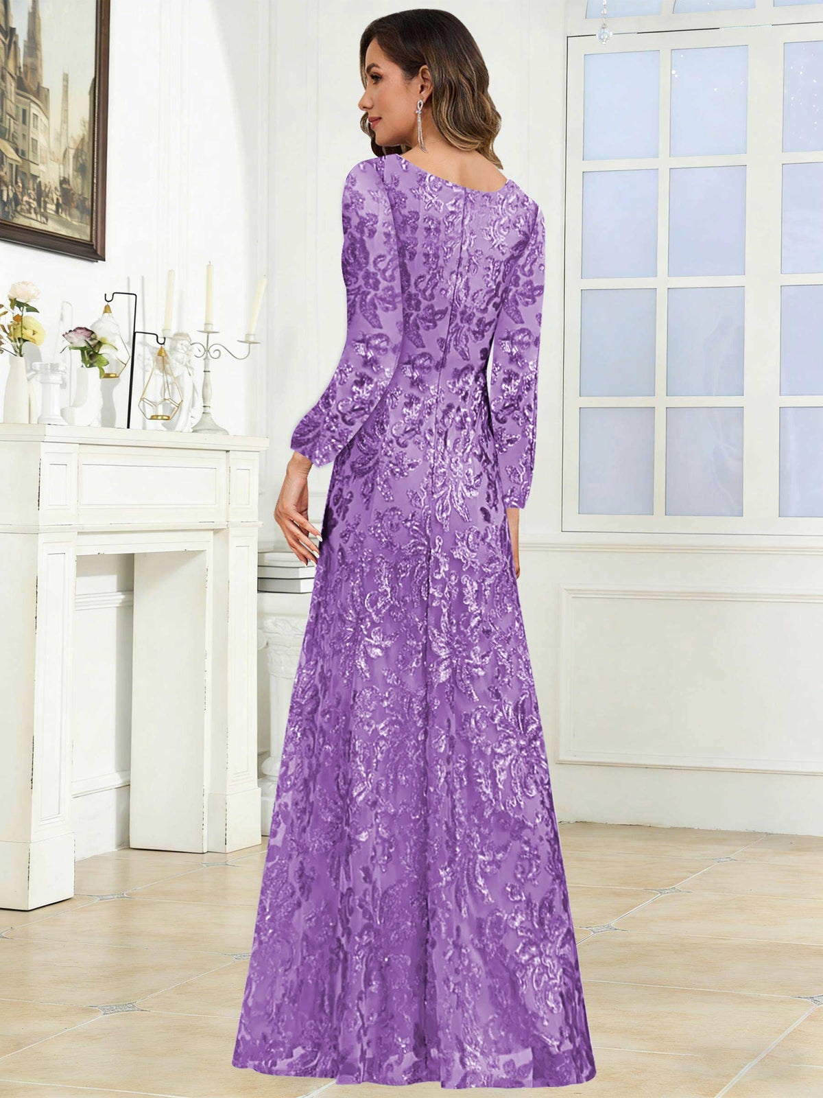 Crew Neck Sequin Lace Long Sleeve Mother of the Bride Dress