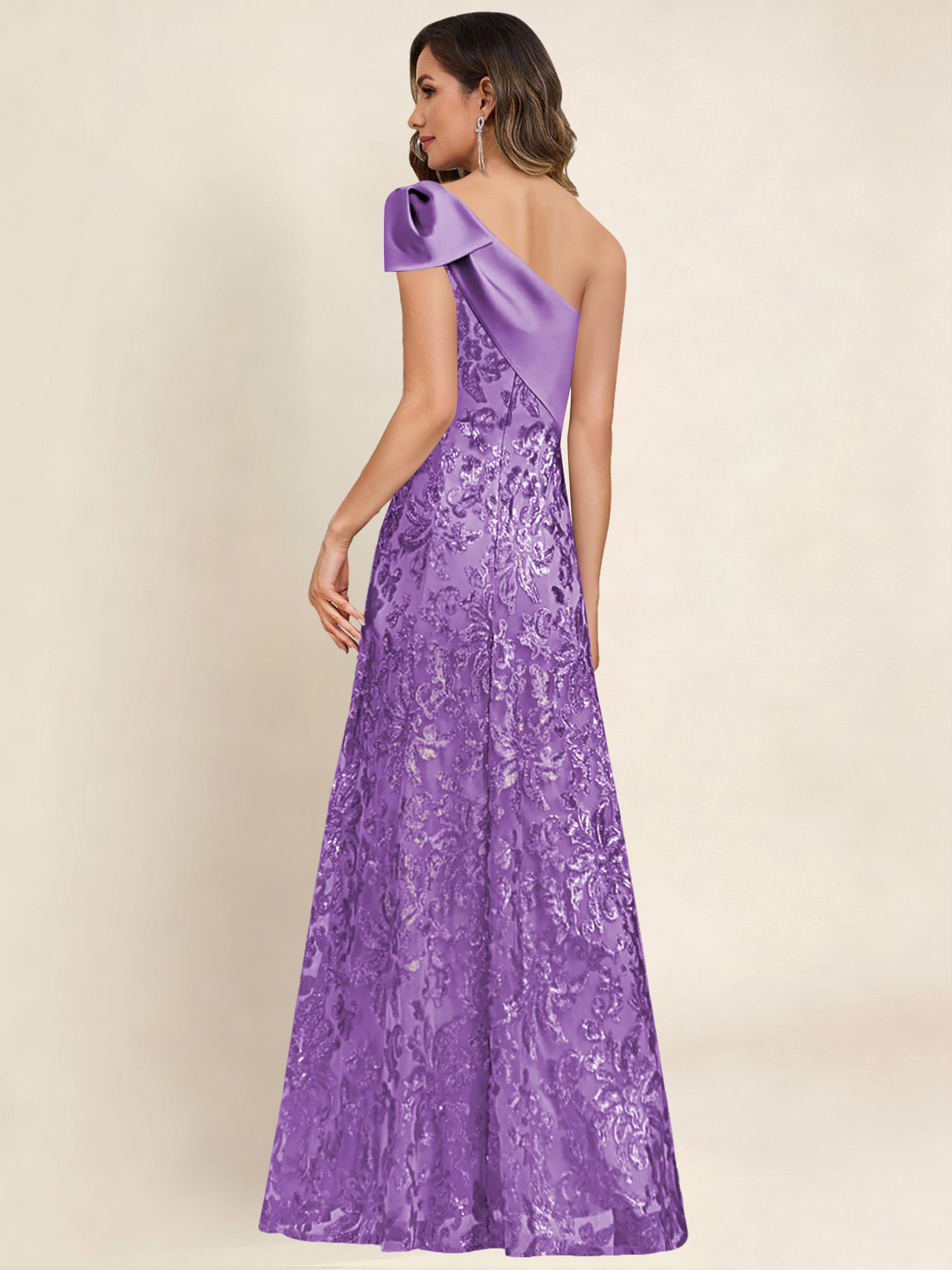 ROVDESY One Shoulder Sequin Mermaid Long Mother Of The Bride Dress Formal Gown With Bow