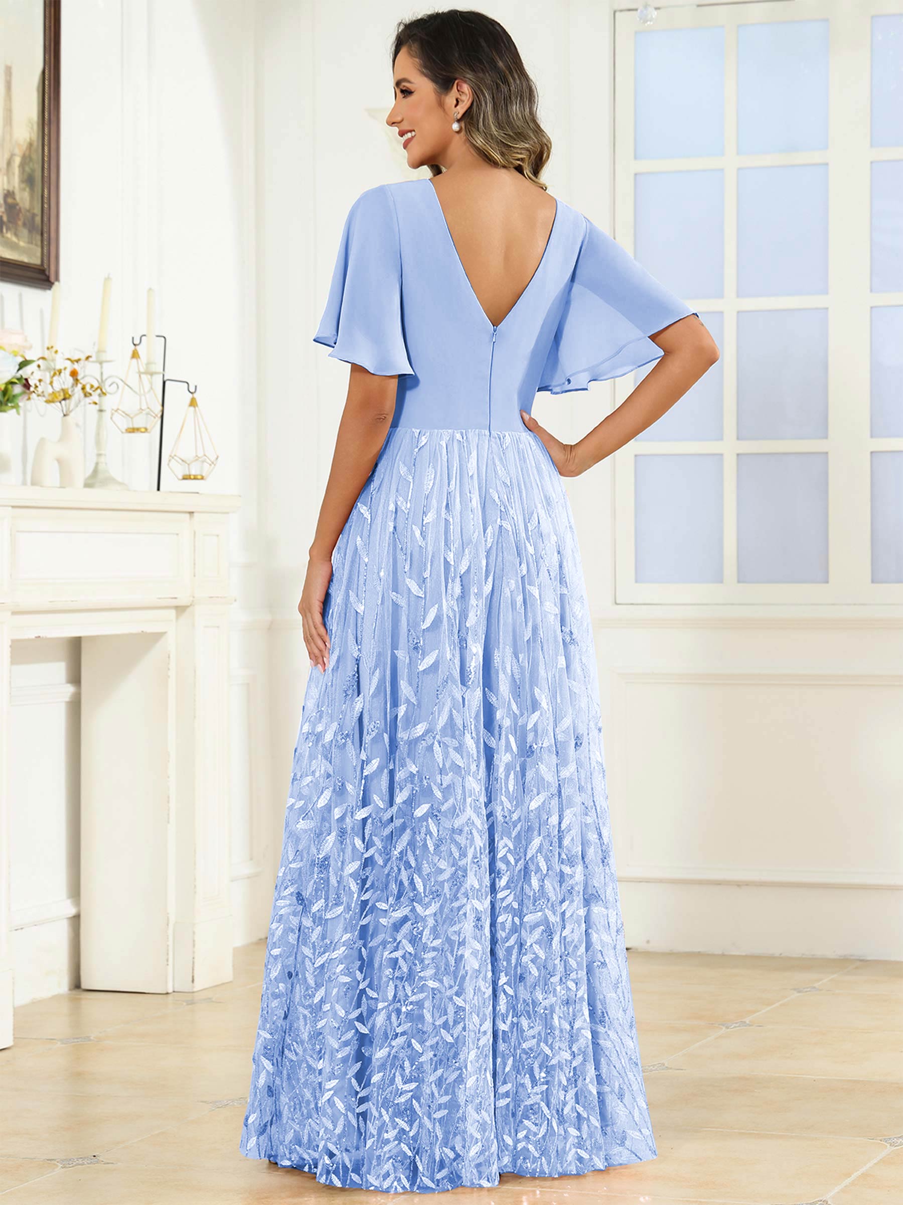 ROVDESY A-Line V-Neck Chiffon Sequin Mother Of The Bride Dress With Short Sleeves