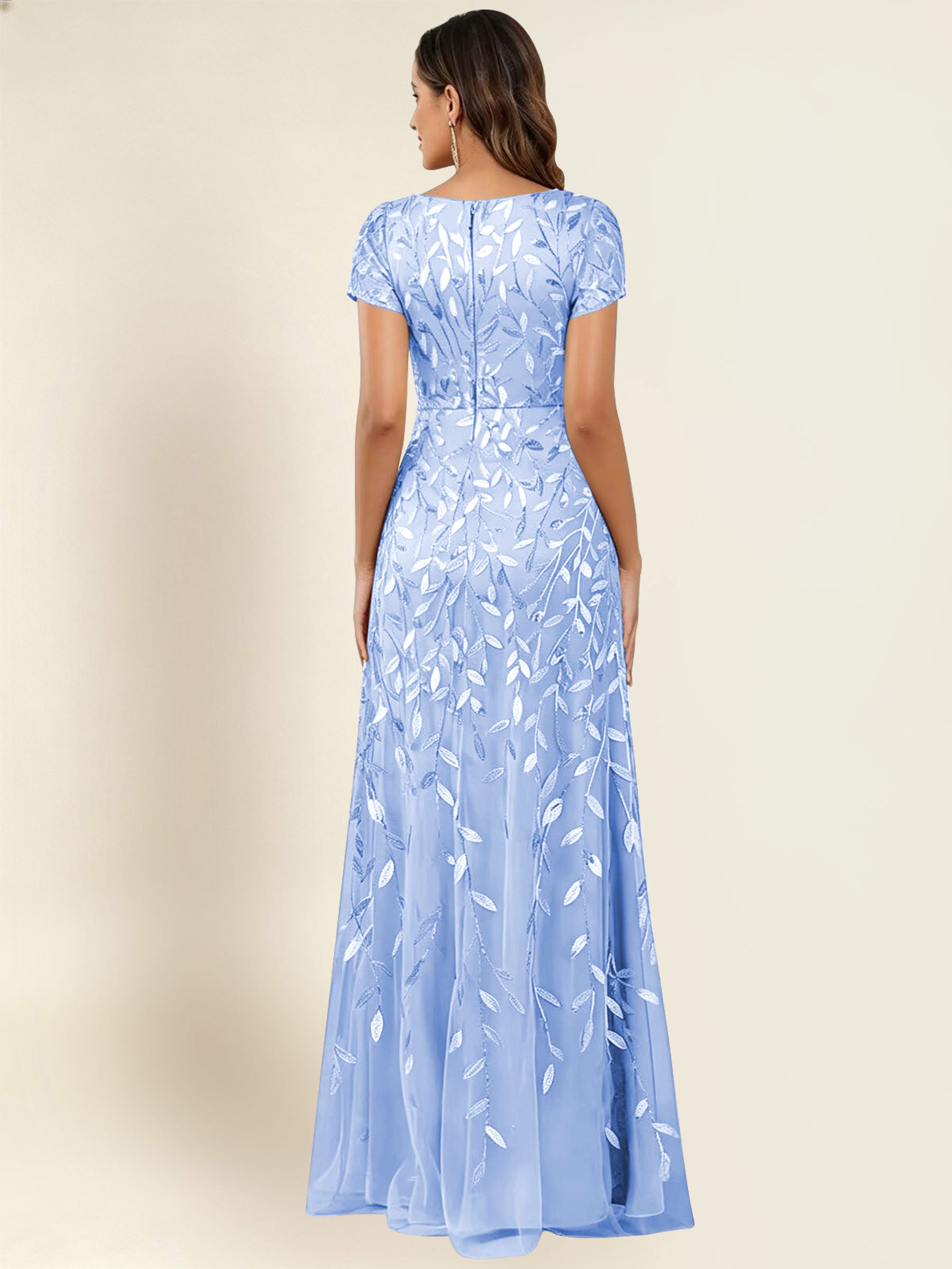 ROVDESY Sequin Mermaid Long Mother Of The Bride Dress With Short Sleeves Formal Gown