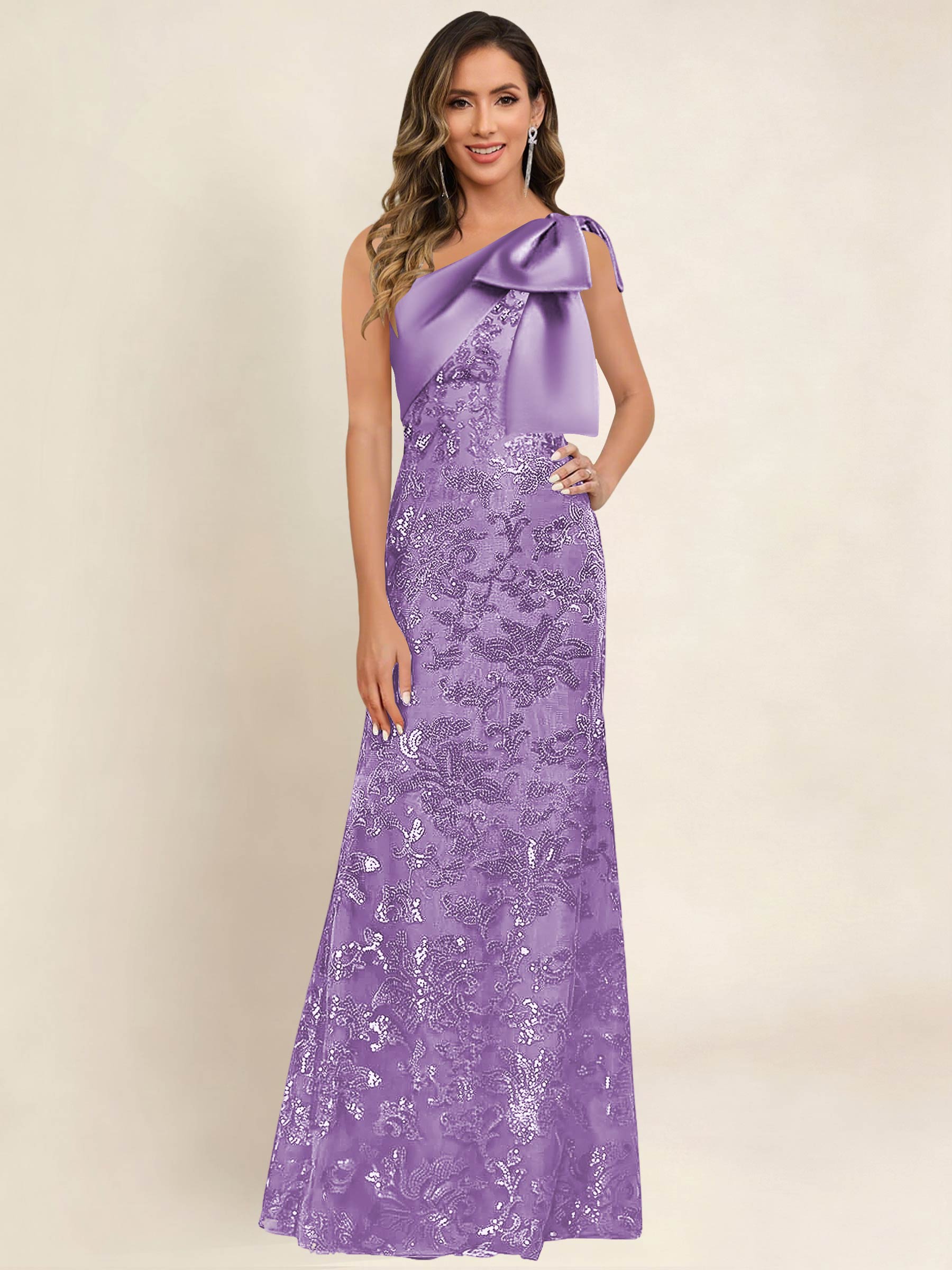 ROVDESY One Shoulder Sequin Mermaid Long Mother Of The Bride Dress Formal Gown With Bow