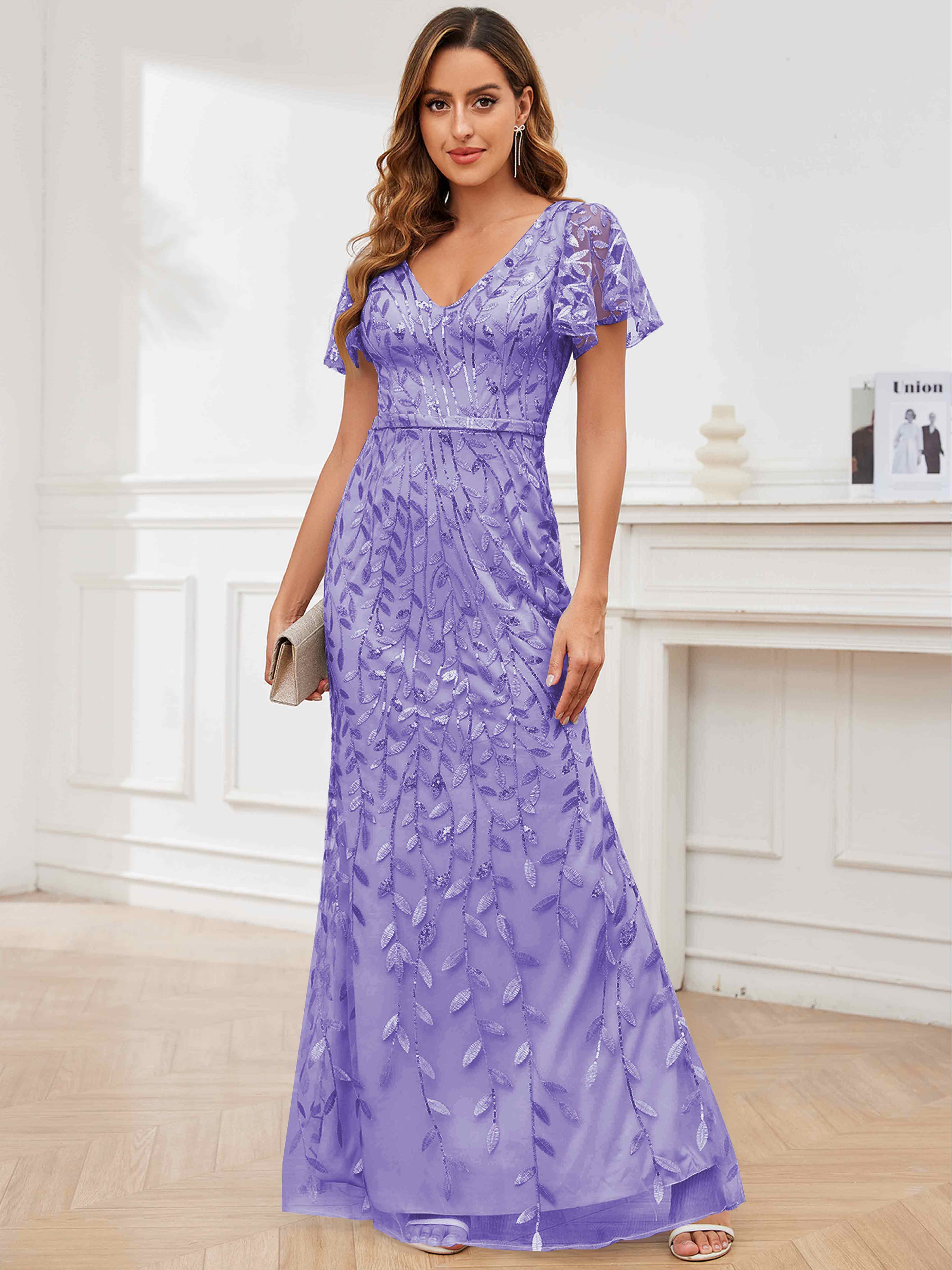 ROVDESY V-Neck Mermaid Sequin Mother Of The Bride Dress With Short Sleeves