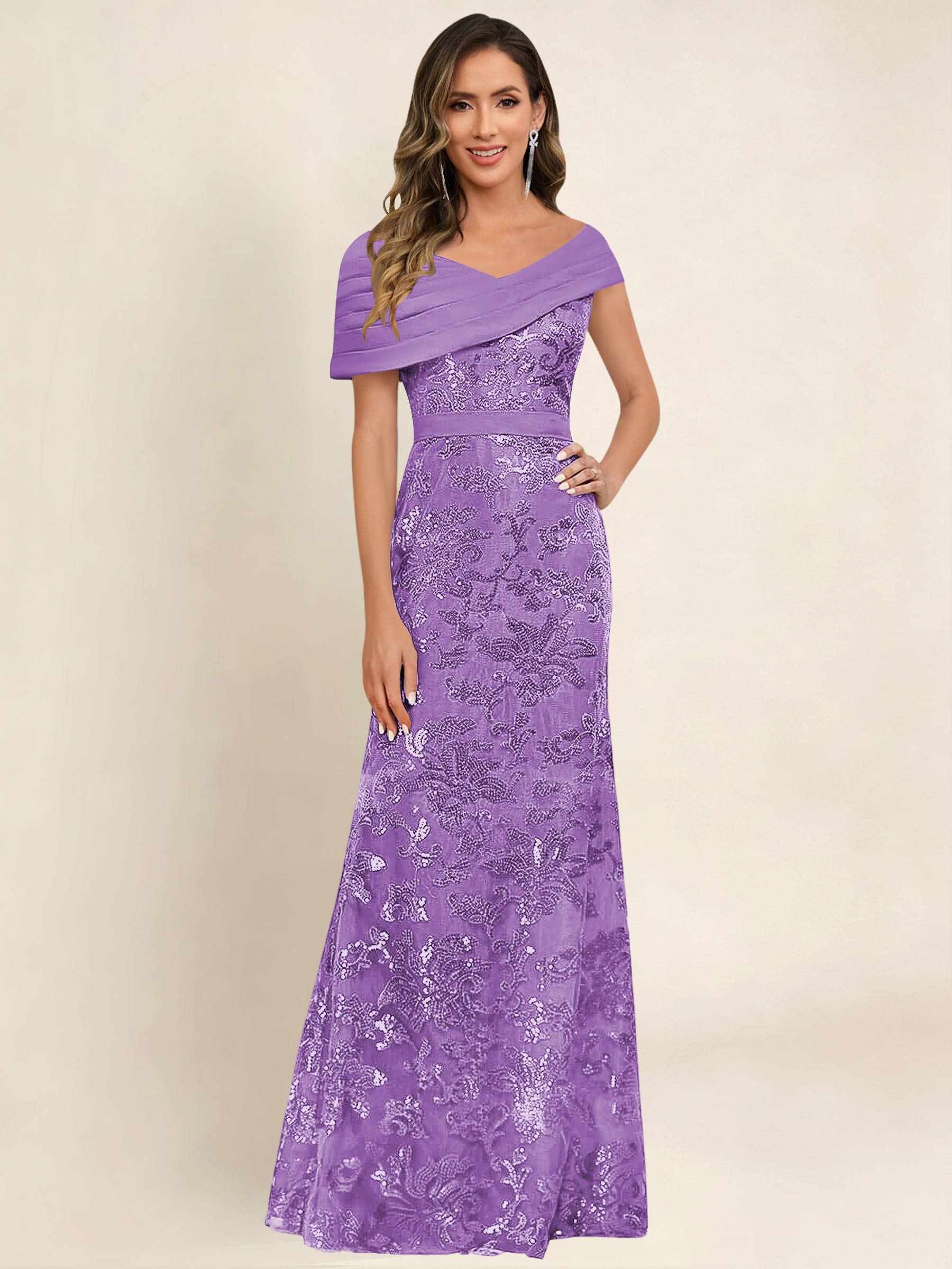 ROVDESY Off the Shoulder Sequin Mermaid Long Mother Of The Bride Dress Formal Gown