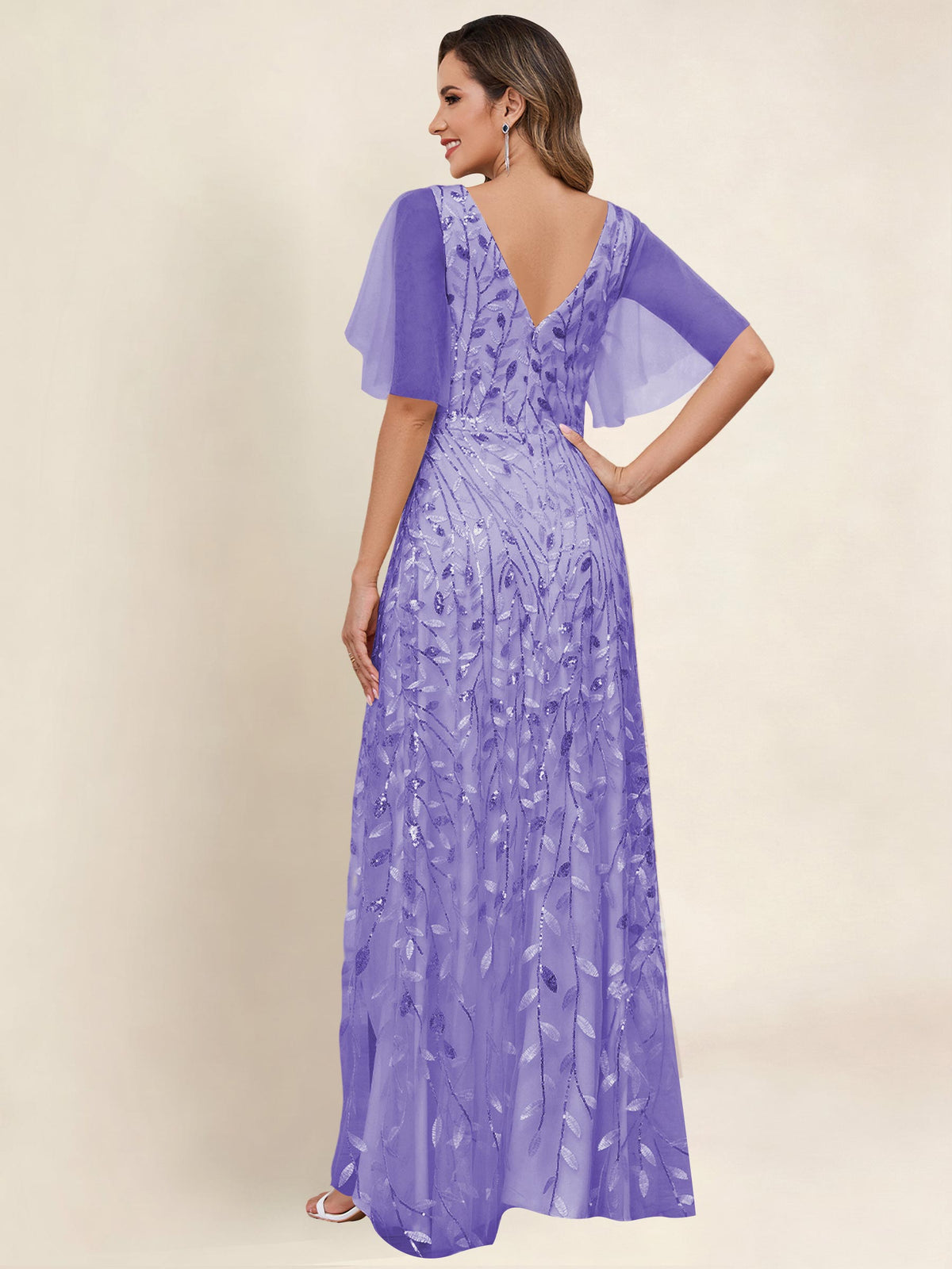 V Neck Sequin Tulle A Line Mother of the Bride Dress with Sleeves