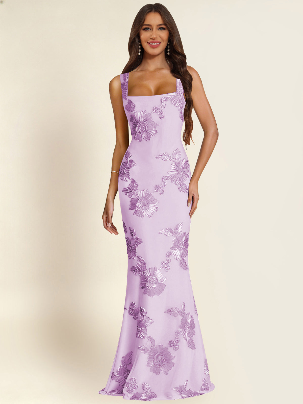 ROVDESY Square Neck Floral Applique Mermaid Long Prom/Bridesmaid Dress