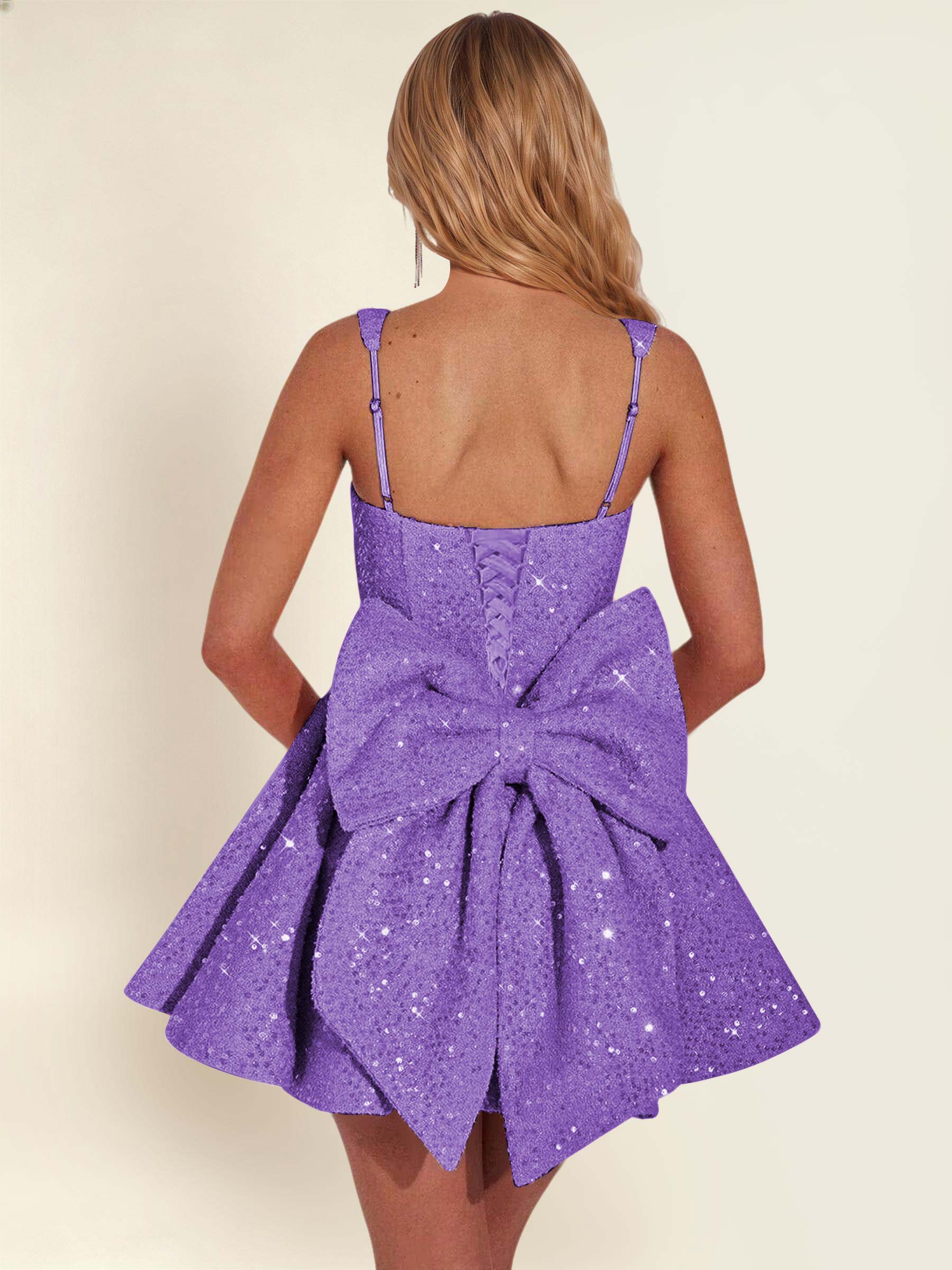 ROVDESY Sparkly Sequin A-Line Square Neck Homecoming Mini Dress With Big Bow