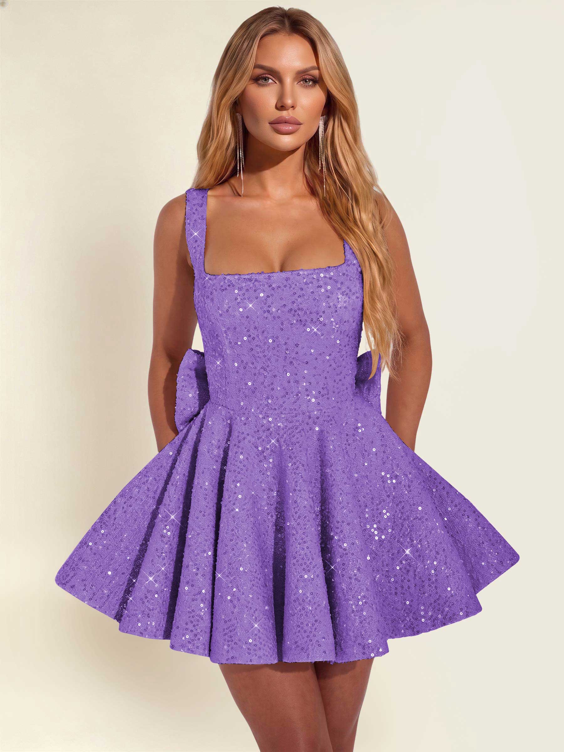 ROVDESY Sparkly Sequin A-Line Square Neck Homecoming Mini Dress With Big Bow