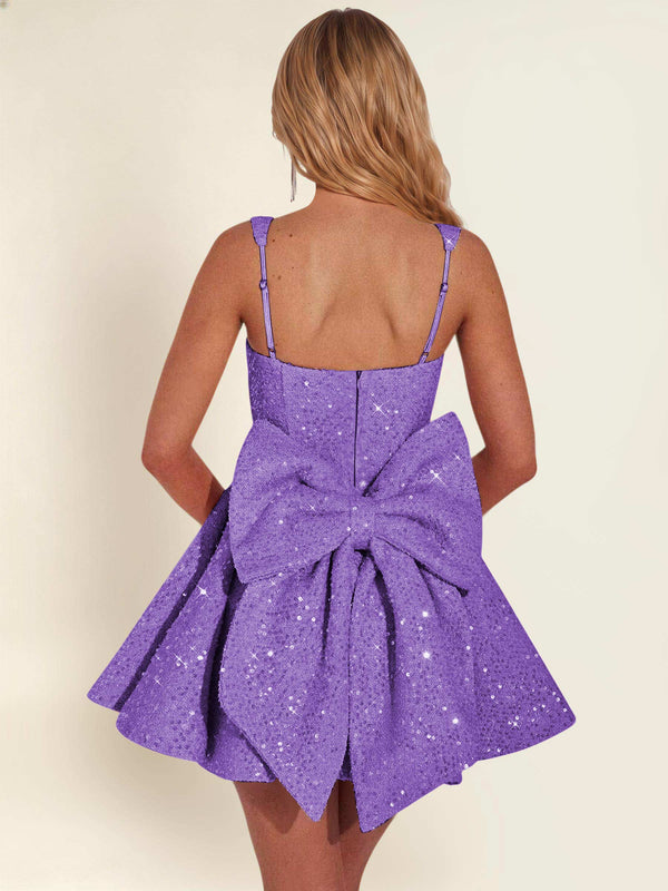 Sparkly Sequin A-Line Square Neck Homecoming Mini Dress With Big Bow