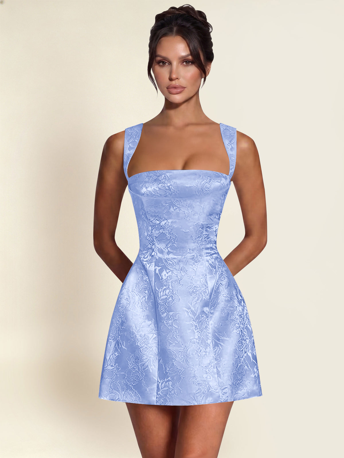 ROVDESY A-Line Square Neck Jacquard Satin Homecoming Mini Dress