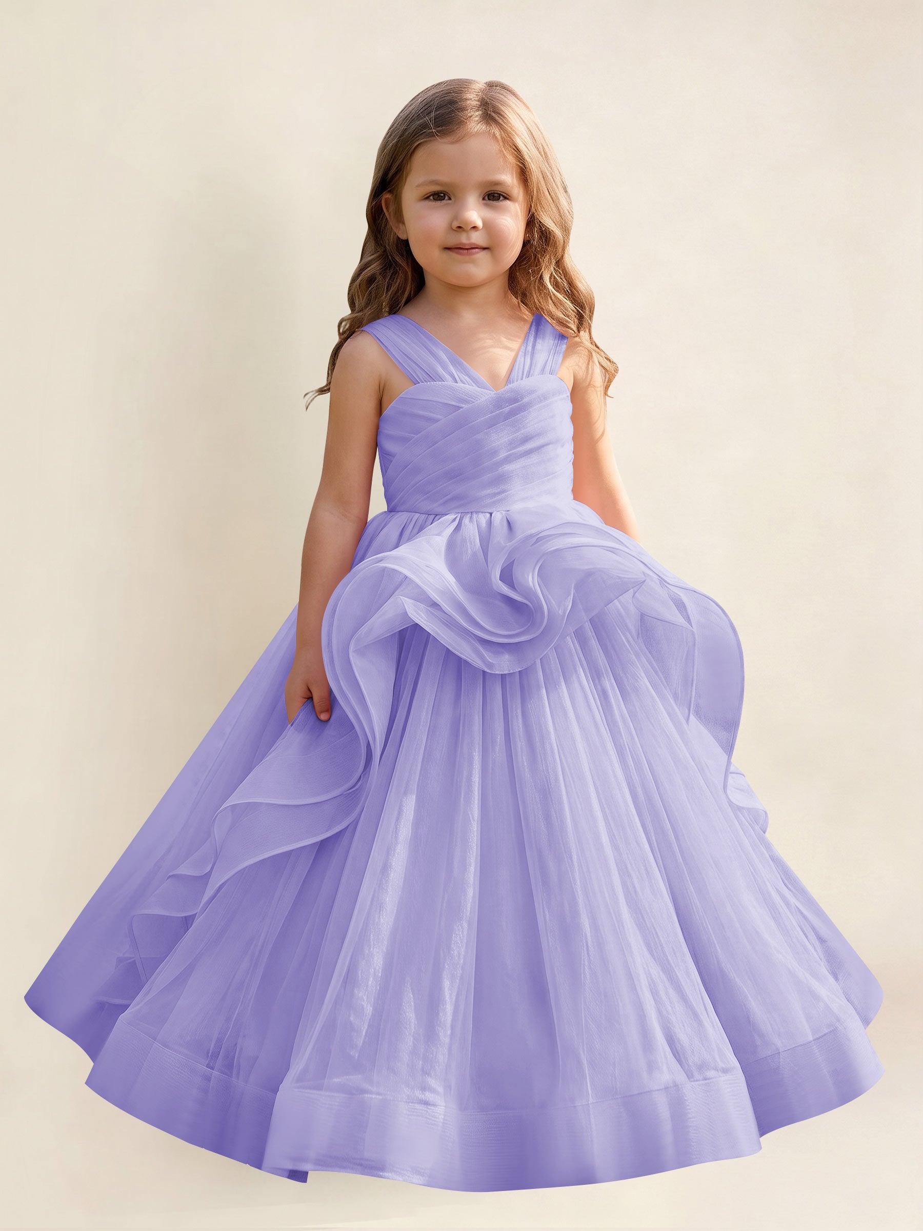 ROVDESY A-Line V-Neck Tulle Flower Girl Dress With Sleeveless Long Ball Gown Dress