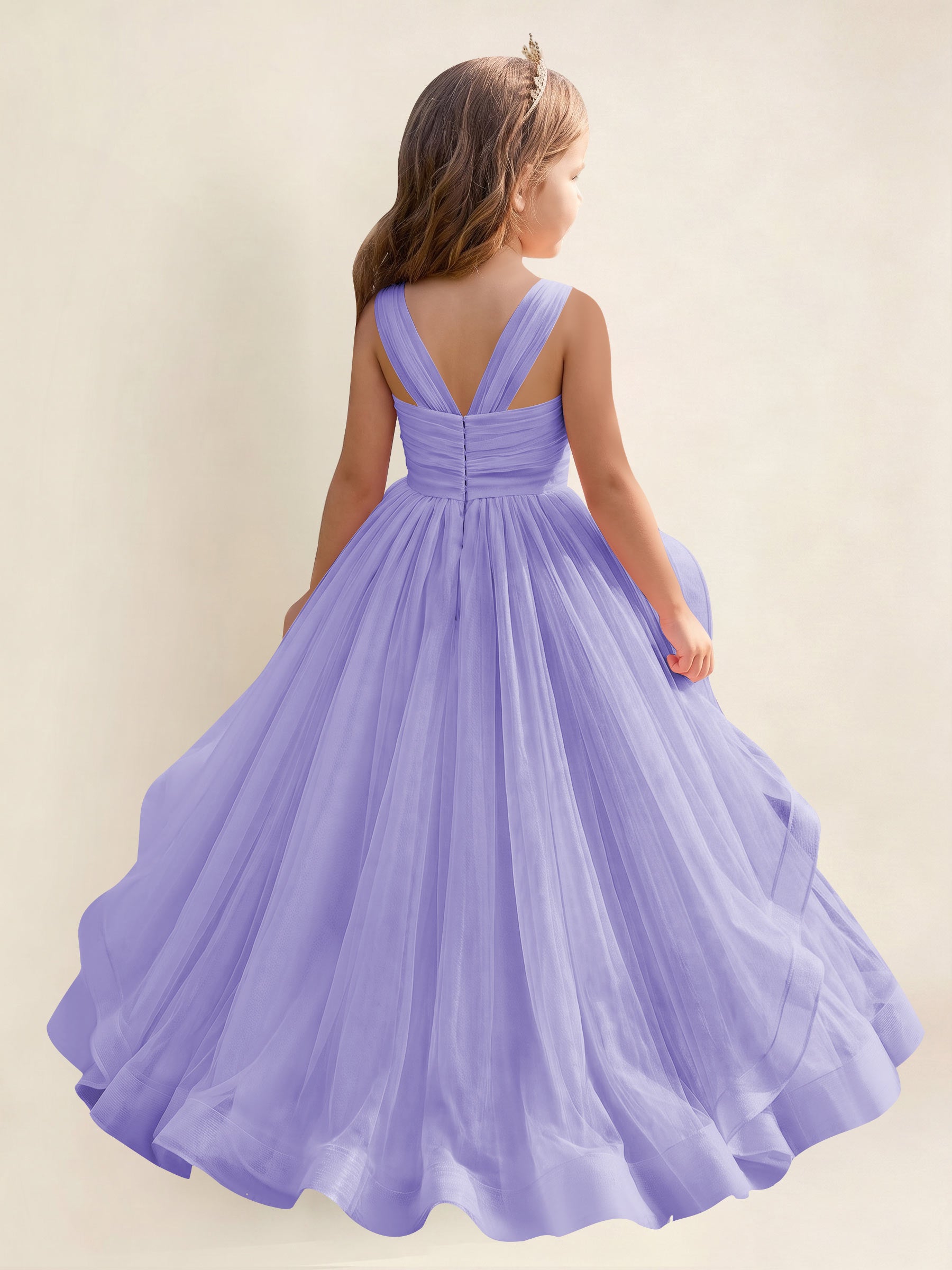 ROVDESY A-Line V-Neck Tulle Flower Girl Dress With Sleeveless Long Ball Gown Dress