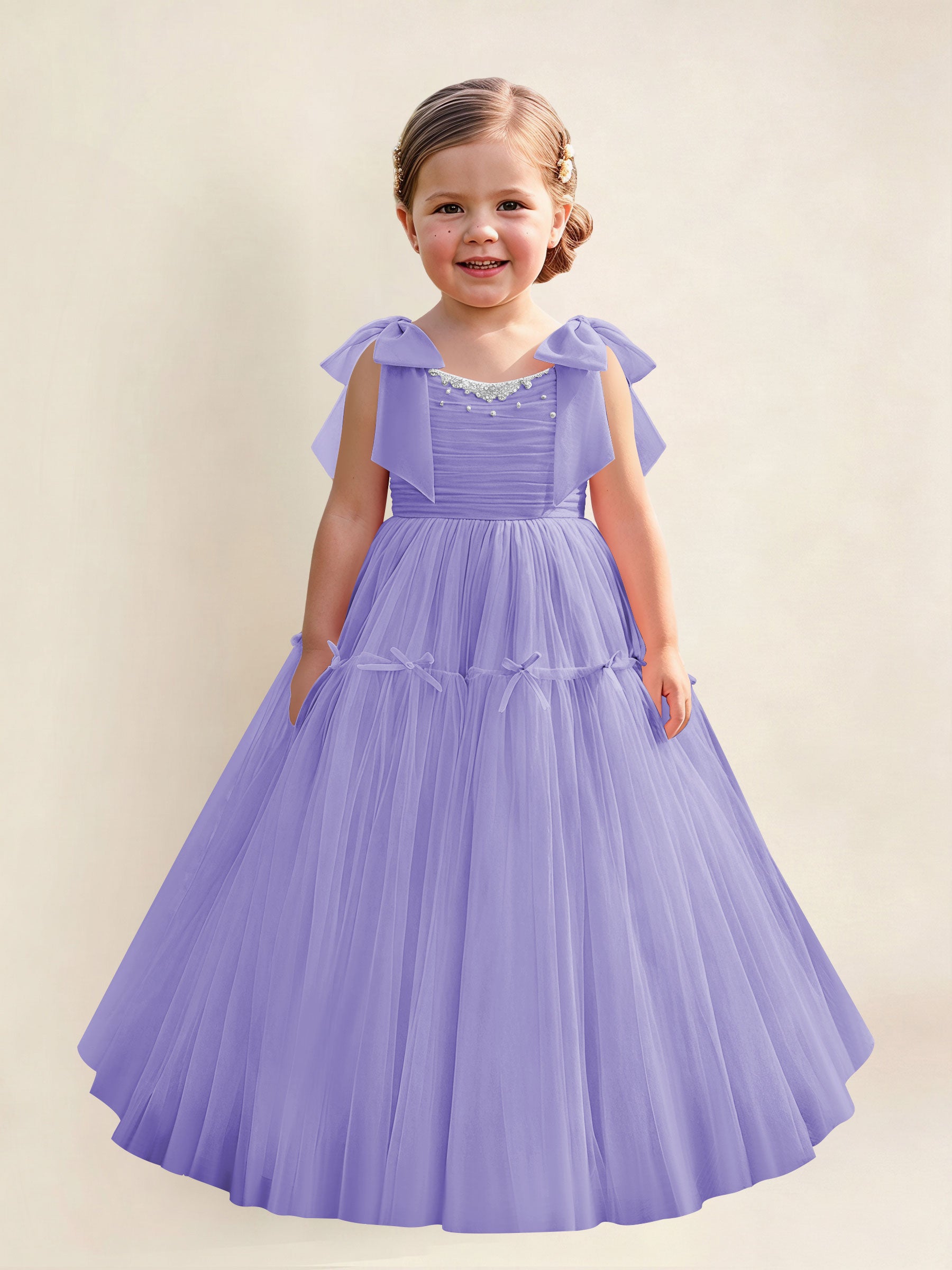 ROVDESY A-Line Tulle Flower Girl Dress With Bow Long Ball Gown Dress