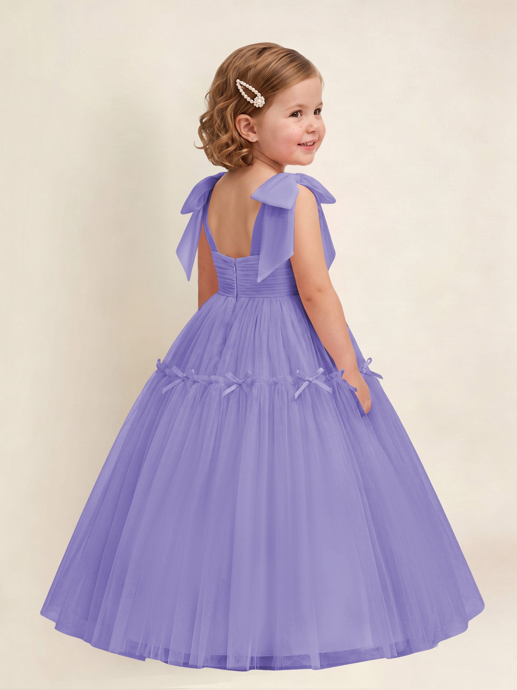 ROVDESY A-Line Tulle Flower Girl Dress With Bow Long Ball Gown Dress