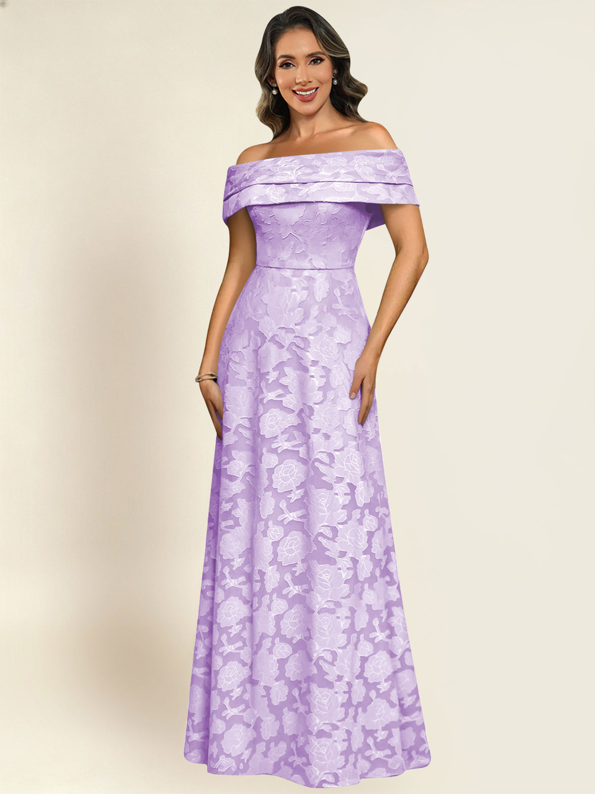 ROVDESY Off the Shoulder Floral Jacquard A-Line Long Mother of the Bride Dress