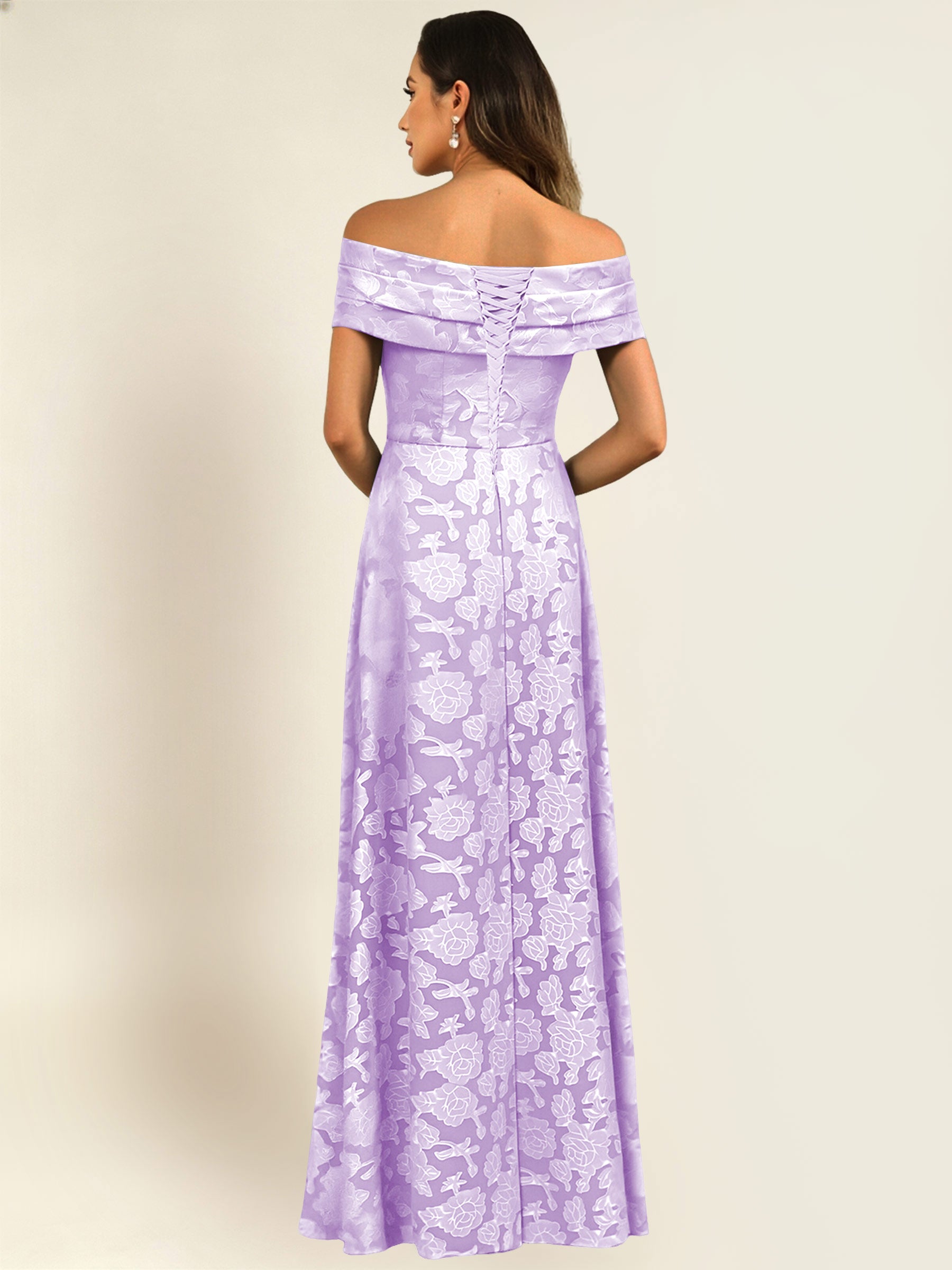 ROVDESY Off the Shoulder Floral Jacquard A-Line Long Mother of the Bride Dress