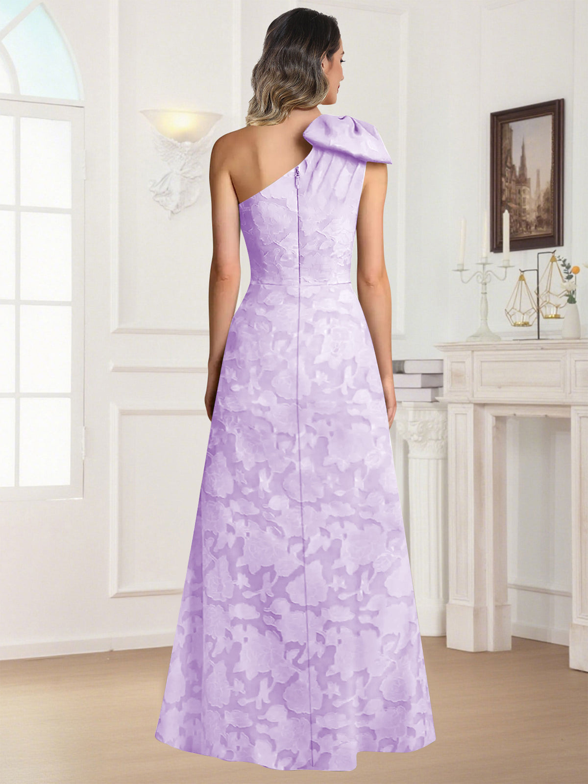 One Shoulder Floral Jacquard Mother of the Bride Dress