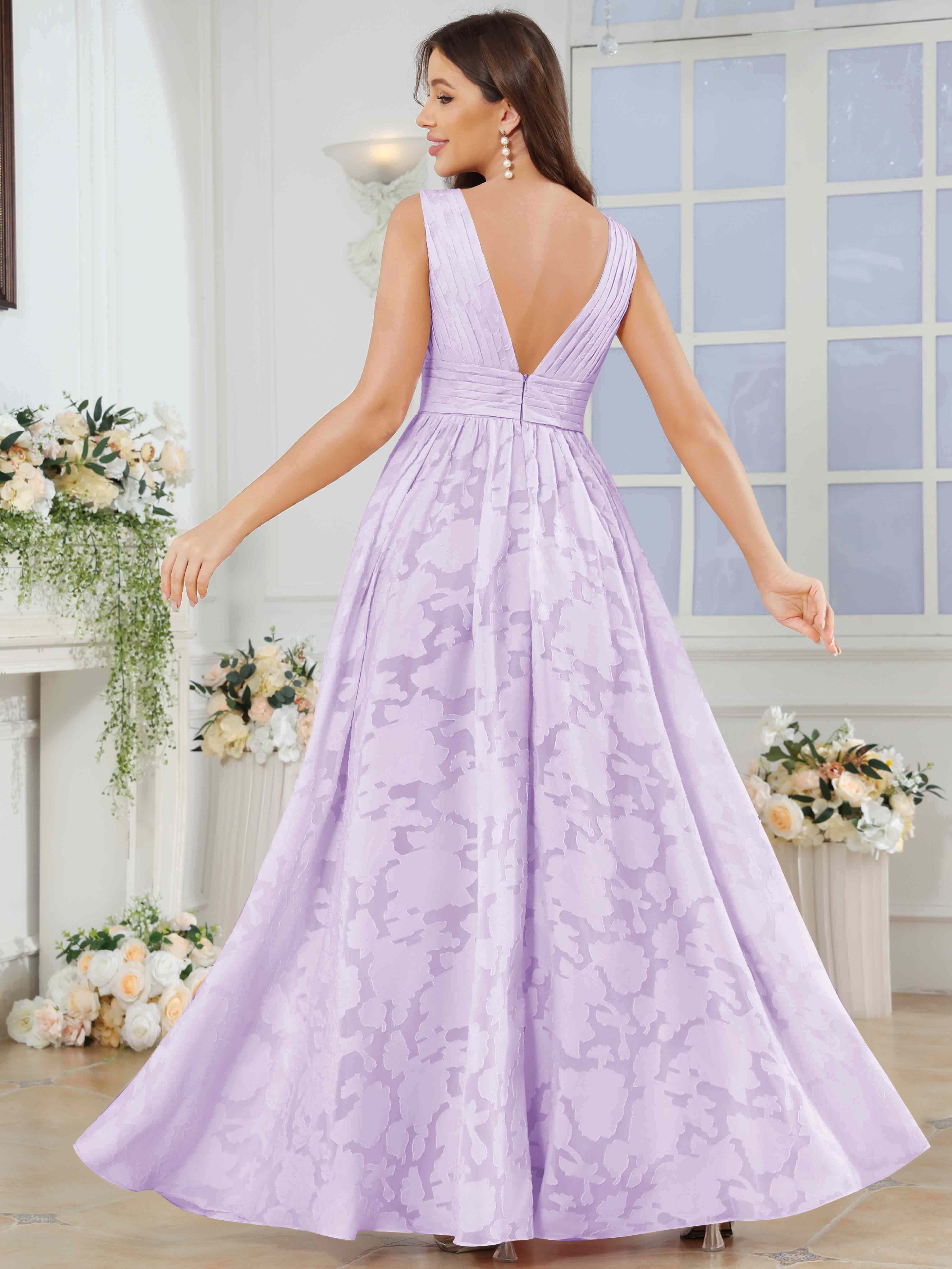 ROVDESY A-Line V-Neck Pleated Chiffon Jacquard Bridesmaid/Peom Dress With Slit