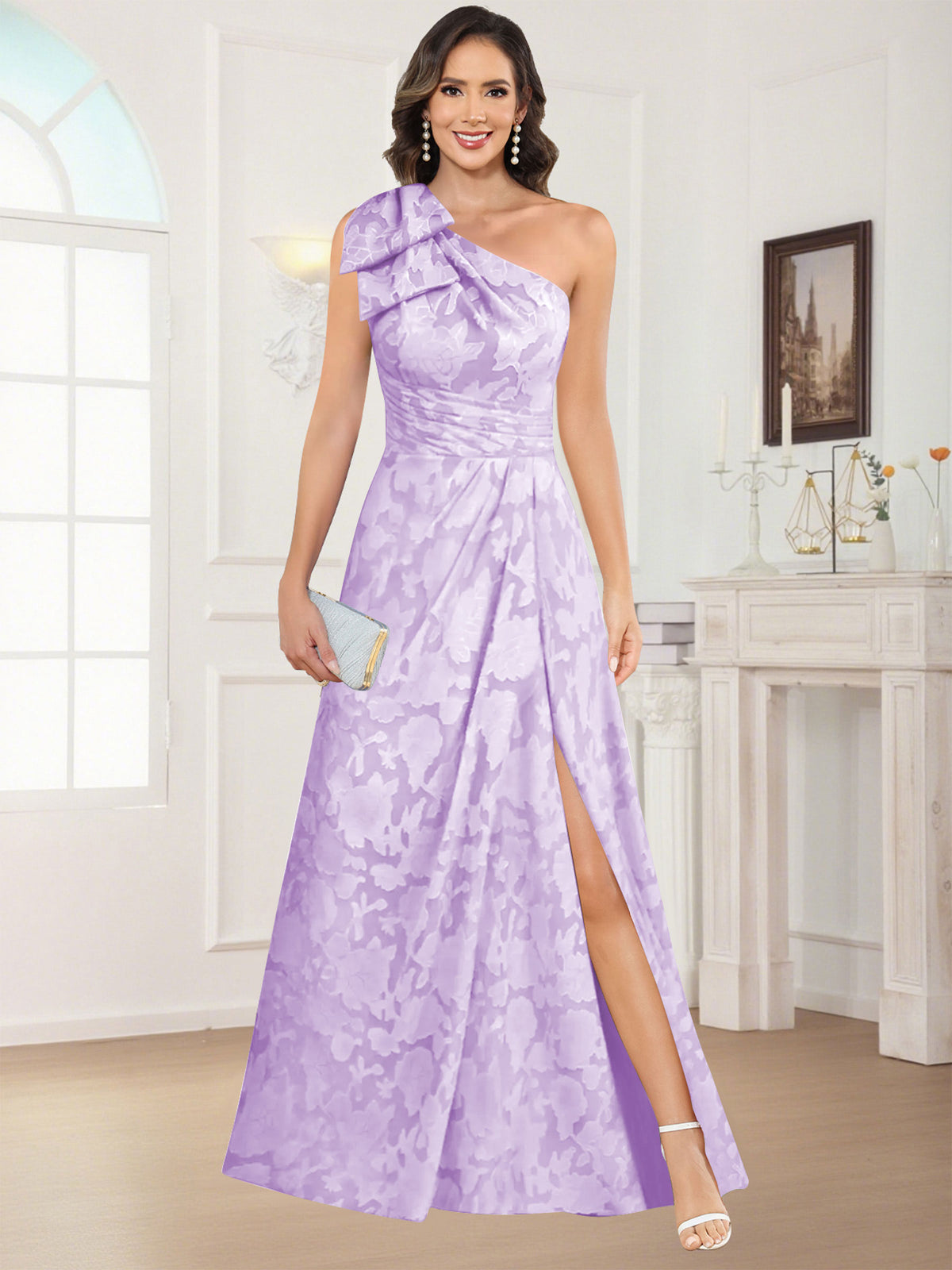 One Shoulder Floral Jacquard Mother of the Bride Dress