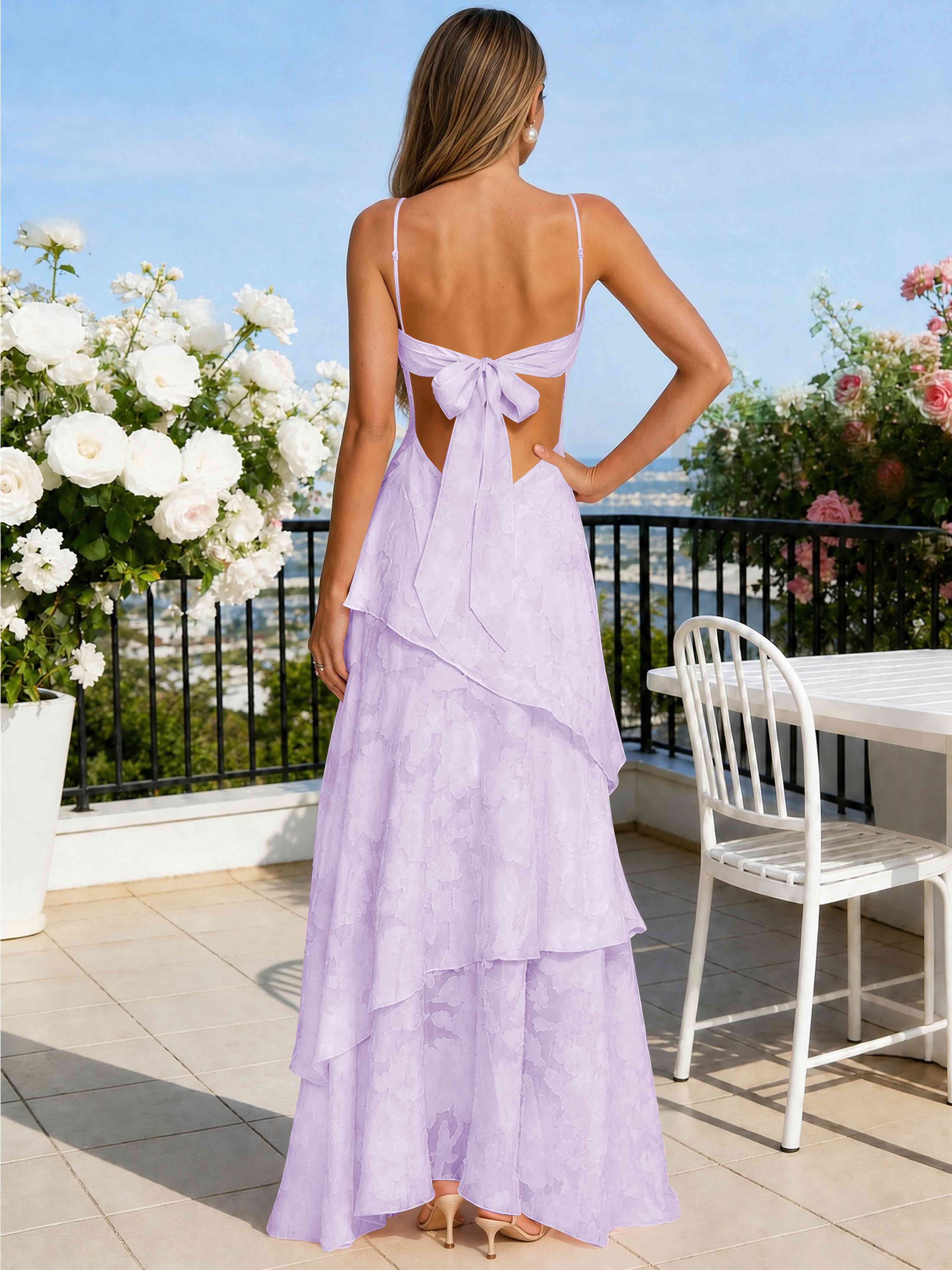 ROVDESY Spaghetti Strap V-Neck Chiffon Jacquard Tiered Ruffle Long Bridesmaid/Prom Dress