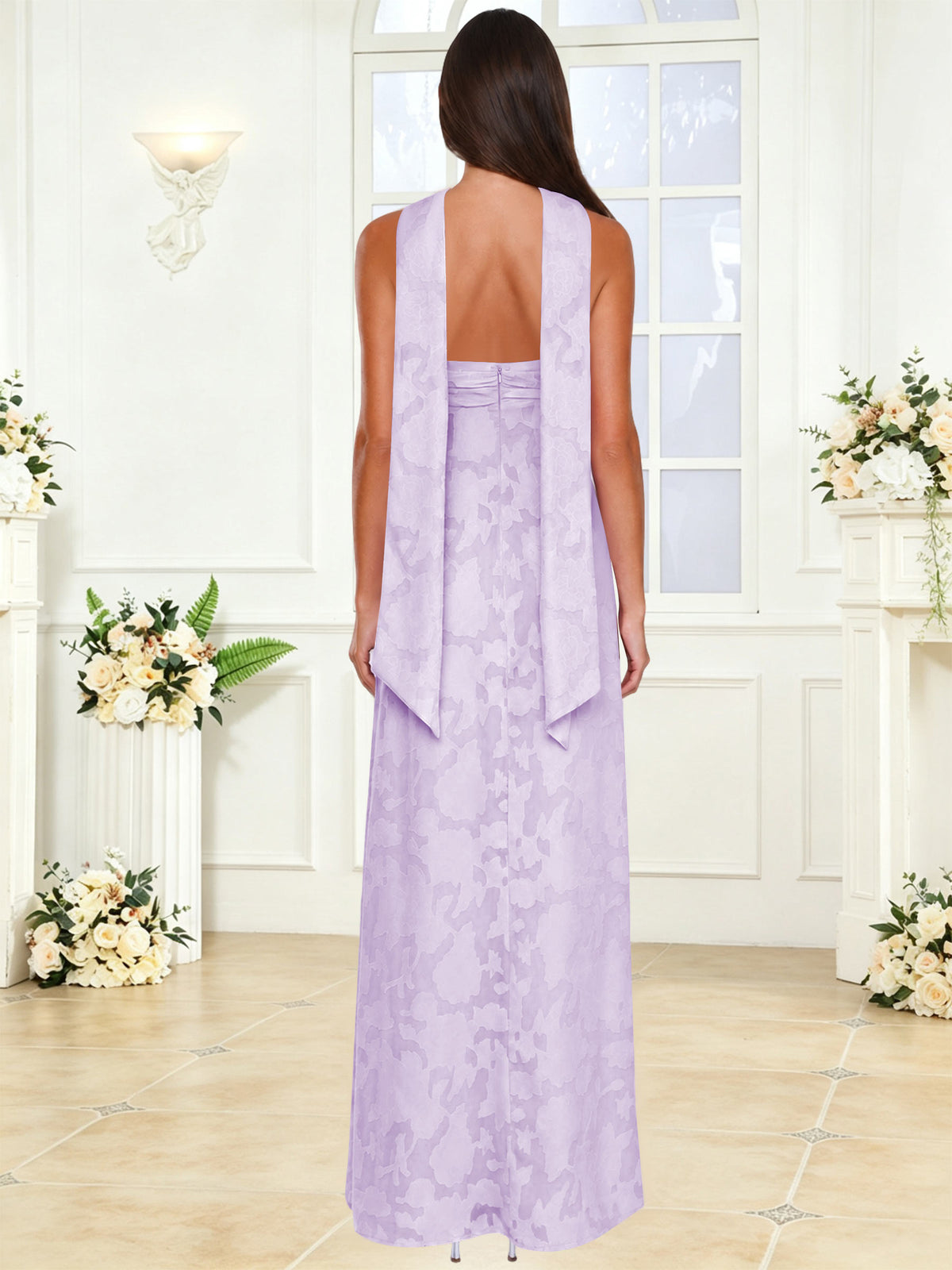 Spaghetti Strap Ruched Floral Jacquard A Line Bridesmaid Dress with Scarf