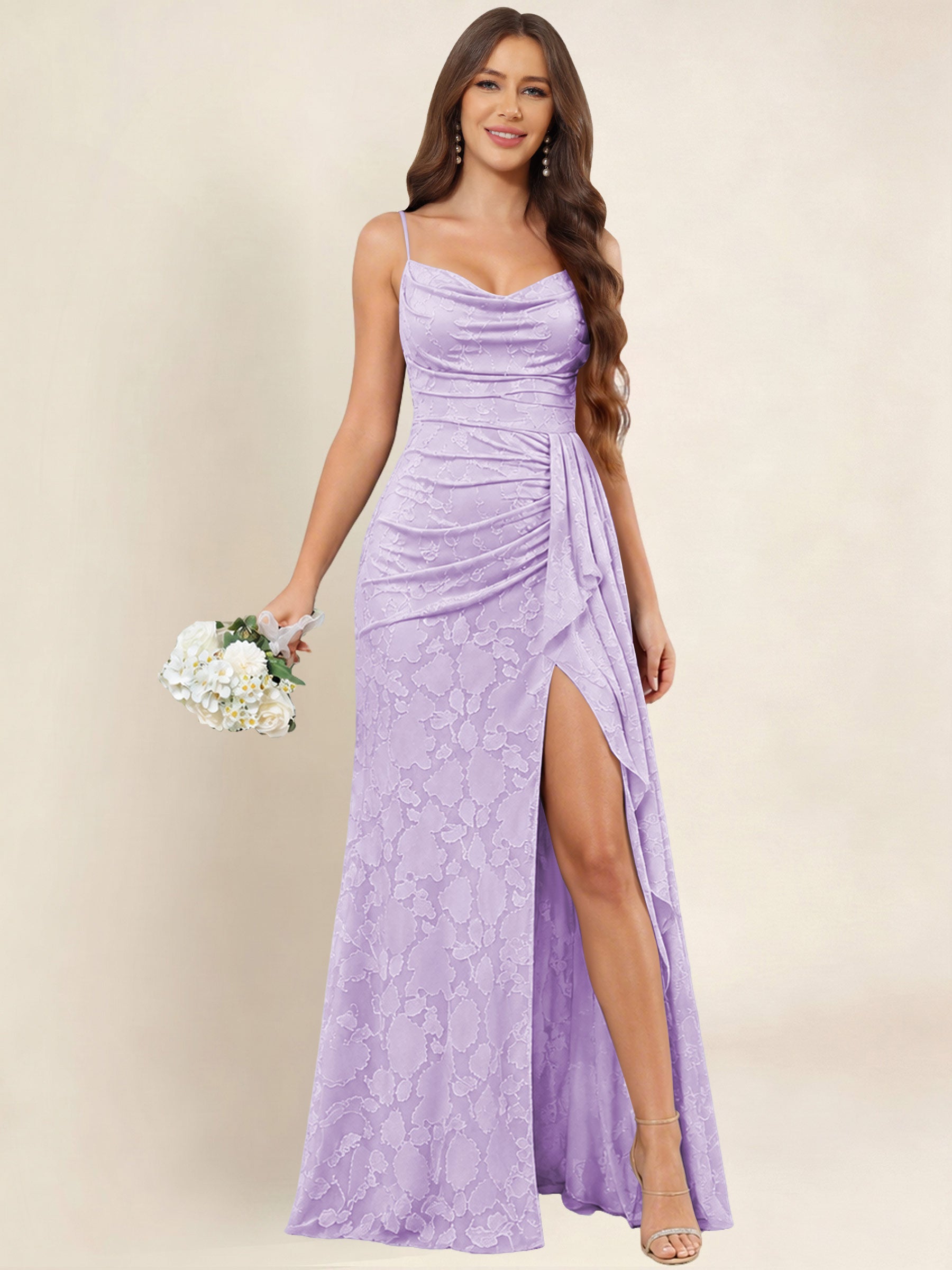 ROVDESY  Cowl Neck Ruffle Mermaid Chiffon Jacquard Bridesmaid/Prom Dress With Slit
