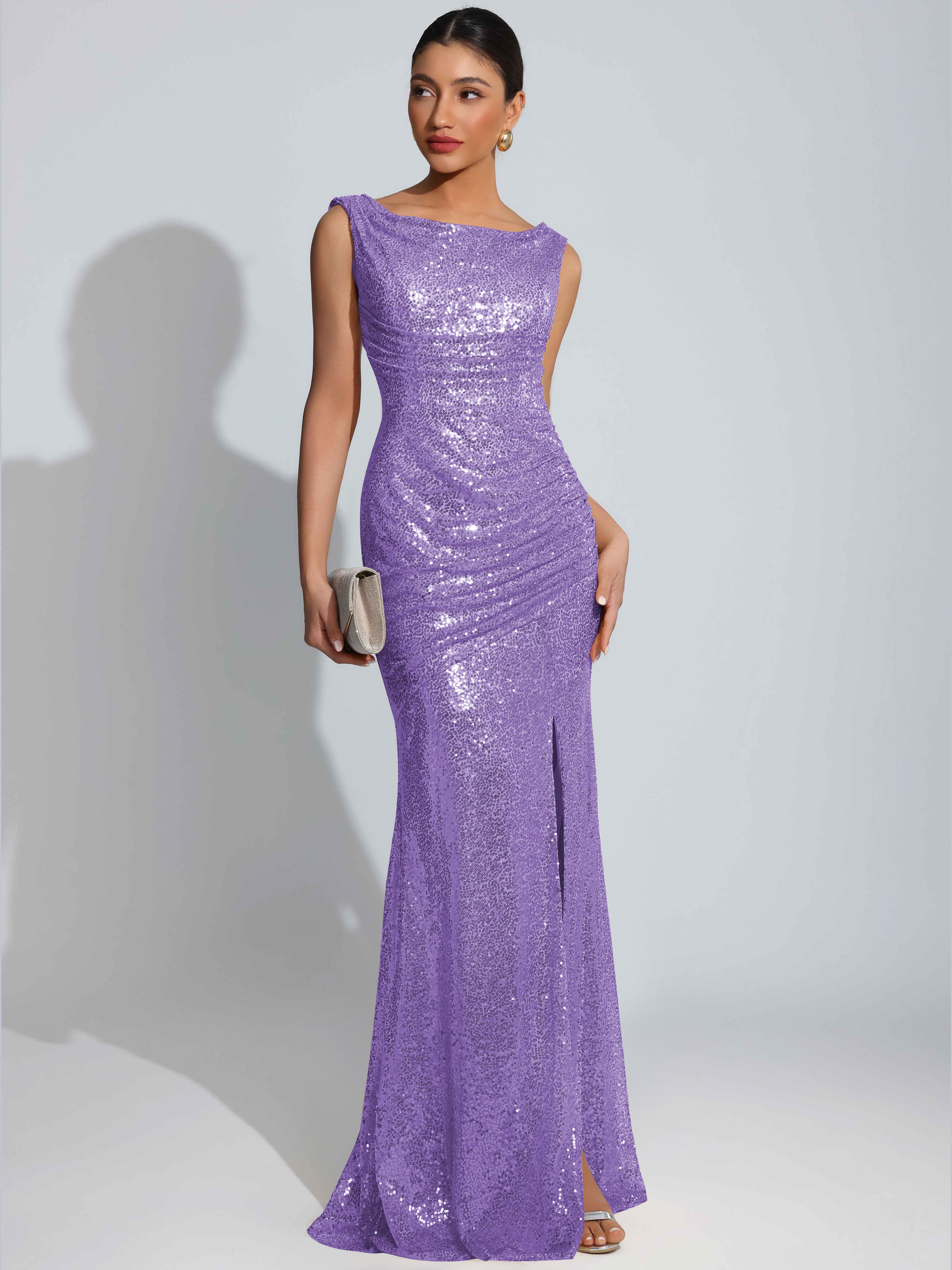 ROVDESY Sparkly Bateau Mermaid Ruched Sequin Long Prom Dress with Slit