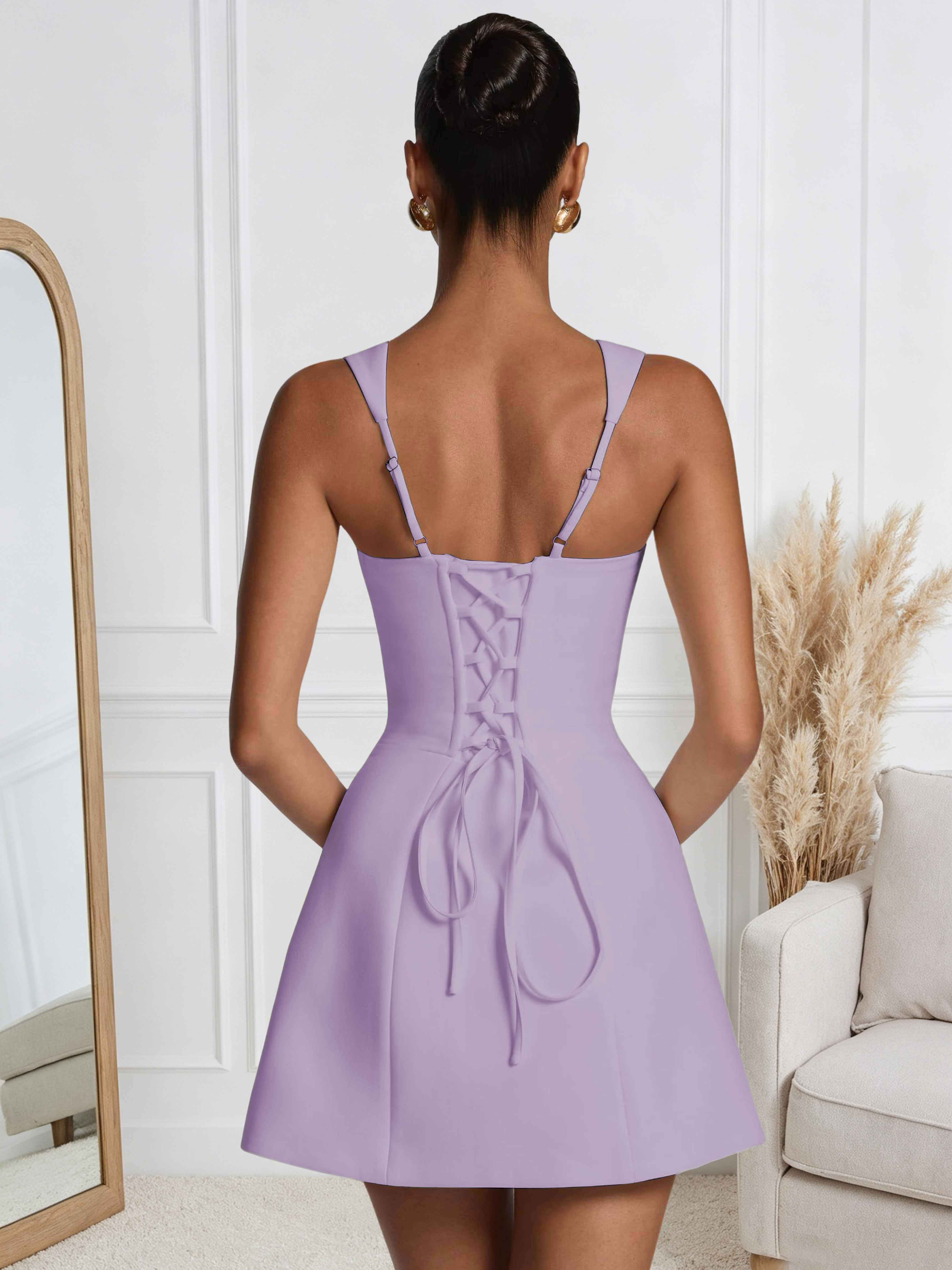 ROVDESY A-Line Square Neck Satin Homecoming Mini Dress