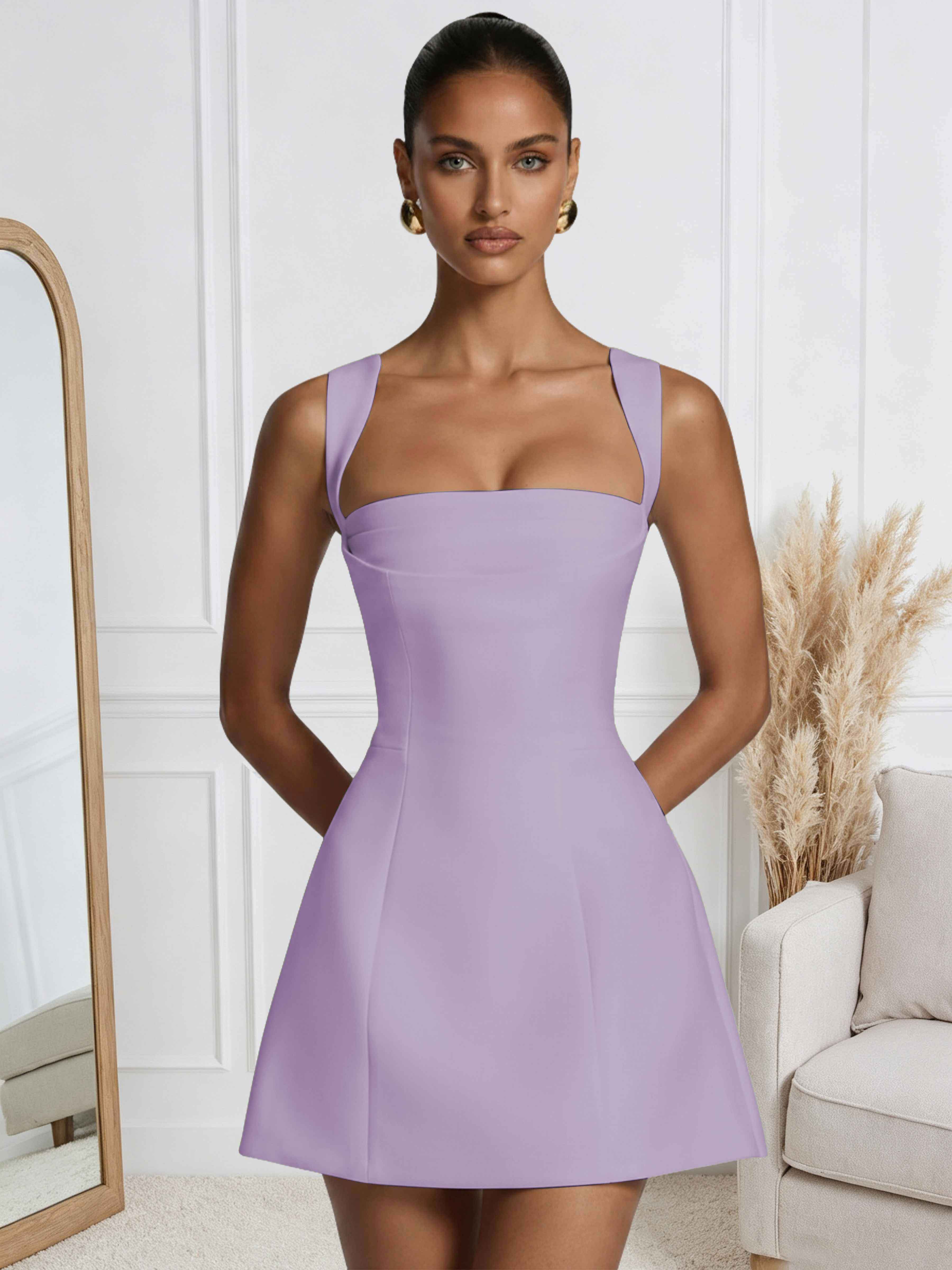 ROVDESY A-Line Square Neck Satin Homecoming Mini Dress