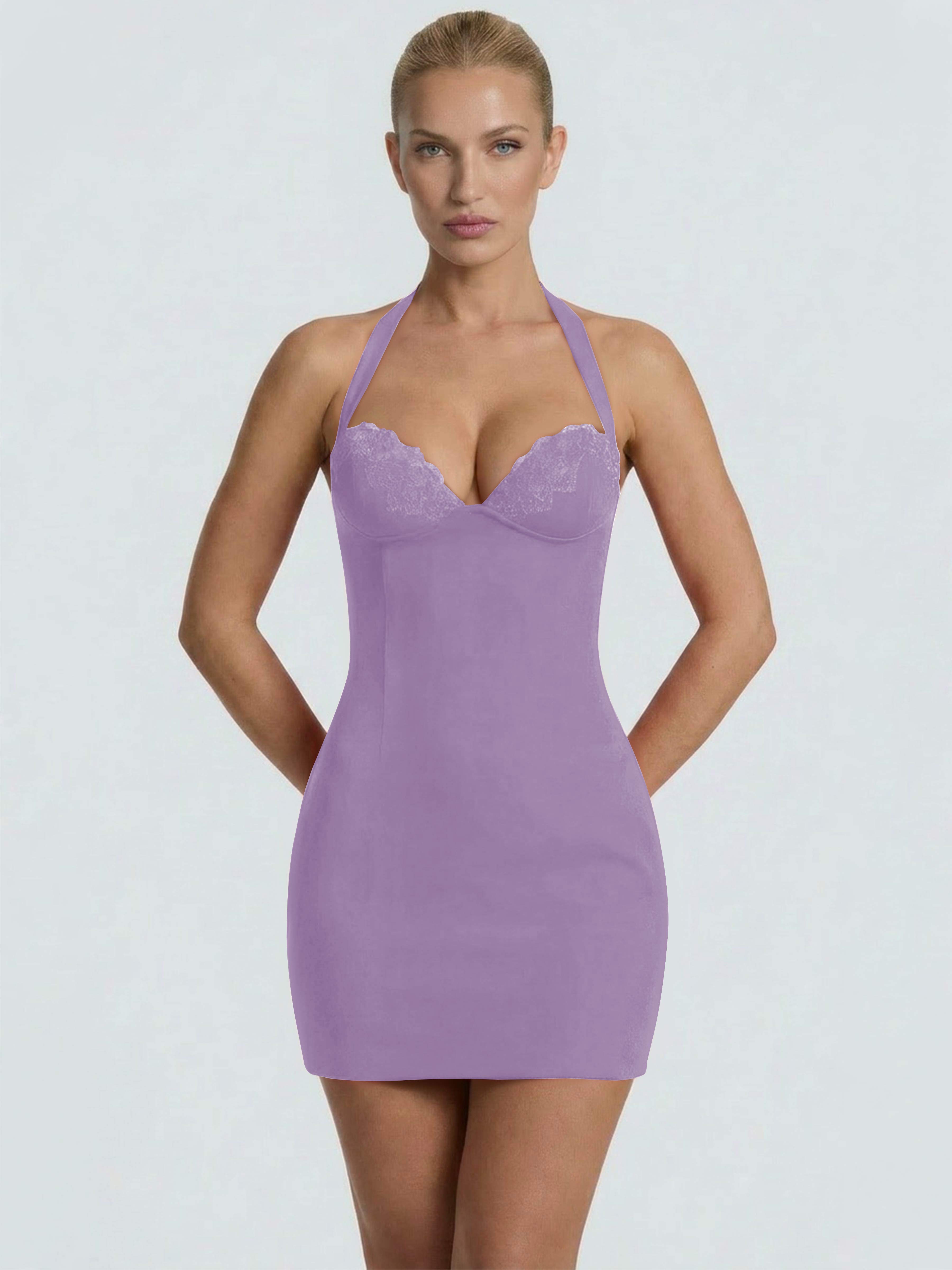 ROVDESY Halter Lace Satin Tight Homecoming Mini Dress