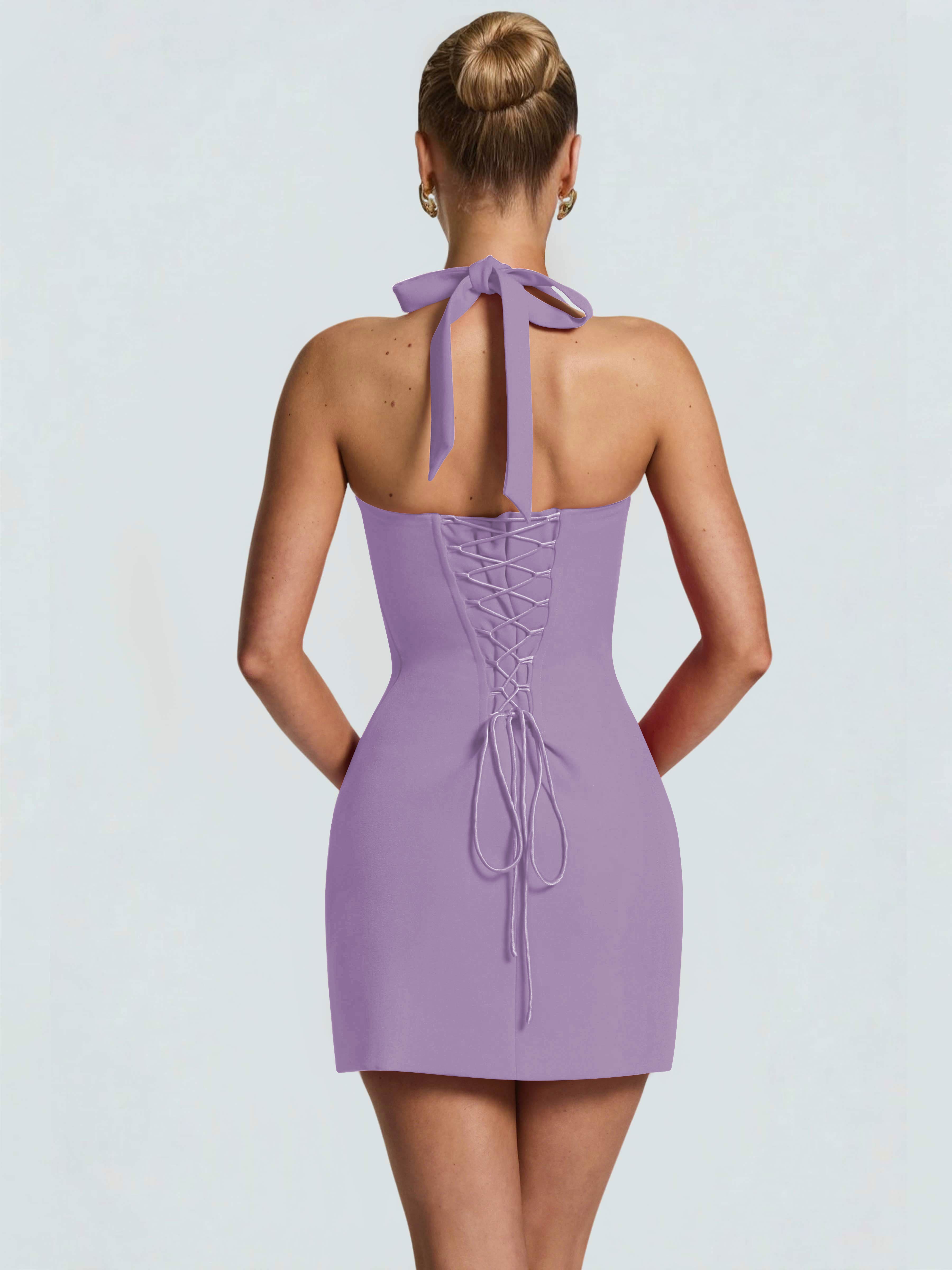 ROVDESY Halter Lace Satin Tight Homecoming Mini Dress