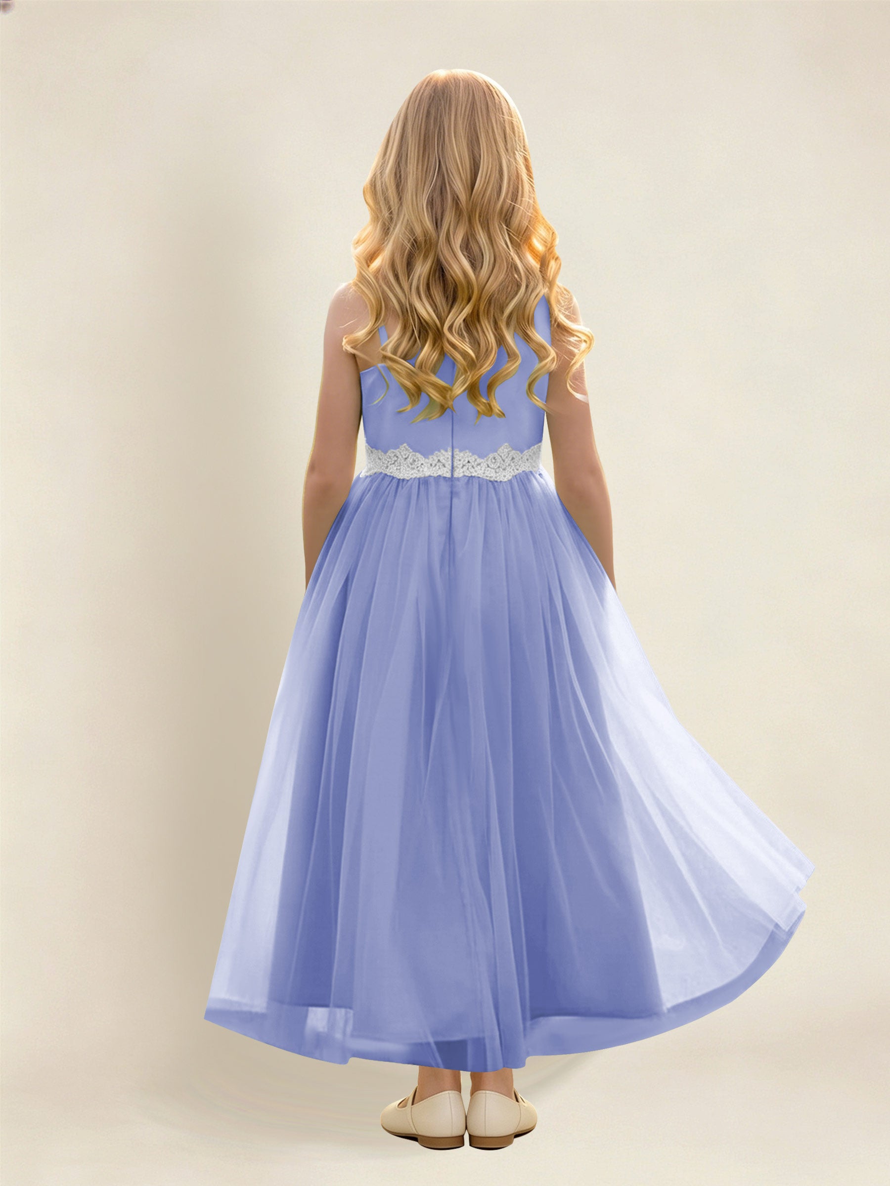 ROVDESY Asymmetric One Shoulder  Satin  Tulle Junior Bridesmaid Dress