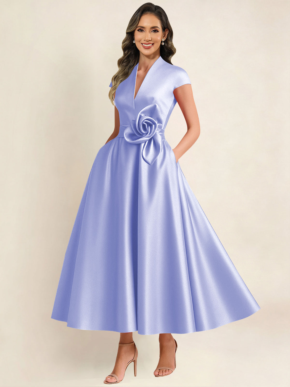 A Line V Neck 3D Flower Satin Mother of the Bride Dress