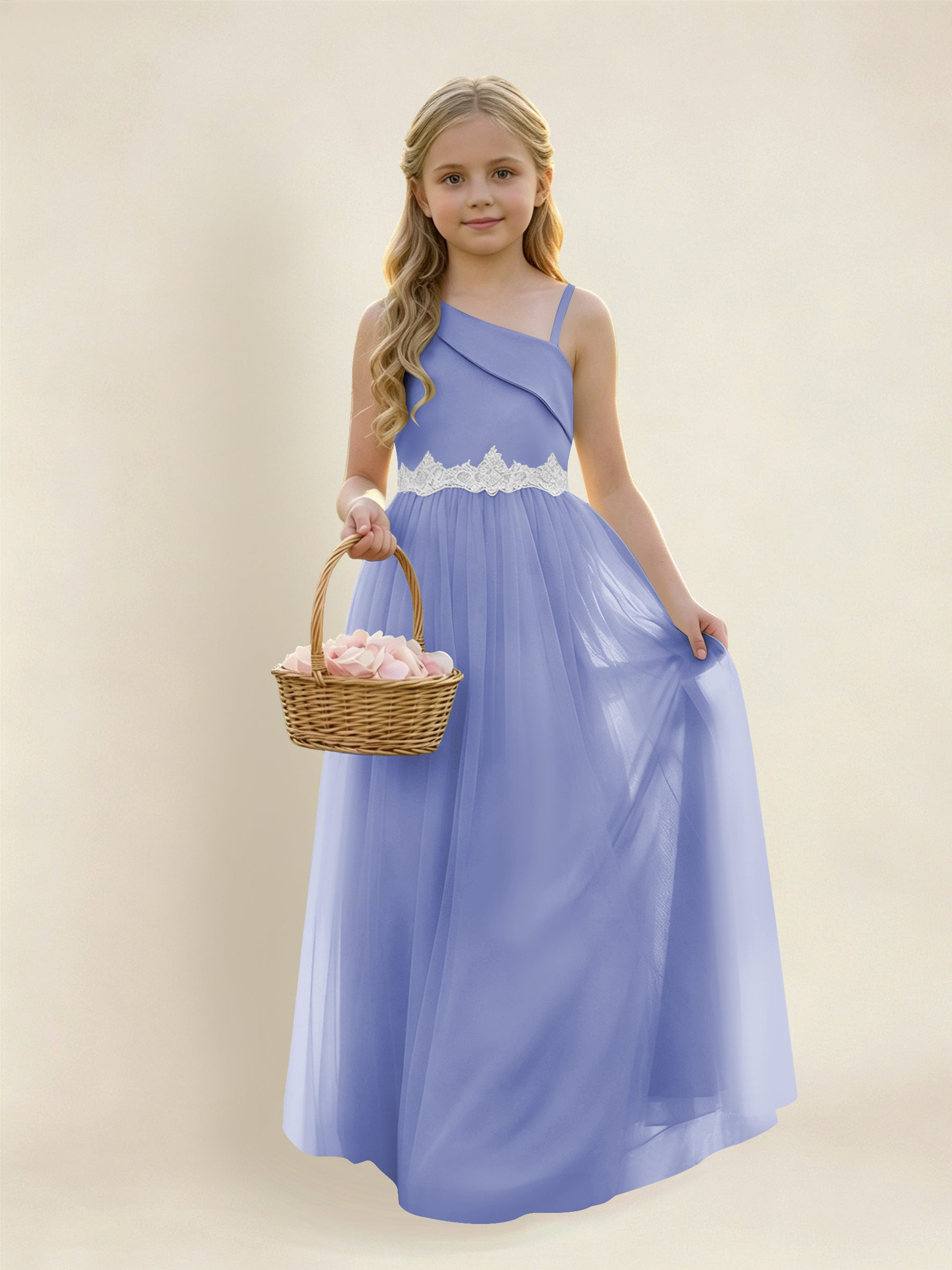 ROVDESY Asymmetric One Shoulder  Satin  Tulle Junior Bridesmaid Dress