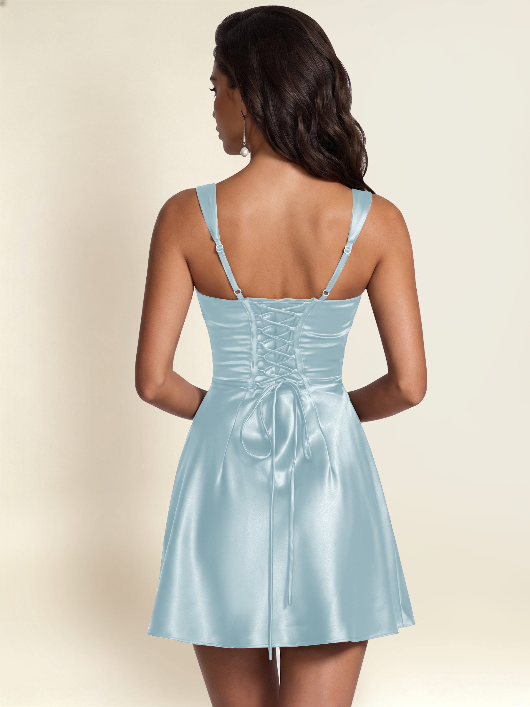 ROVDESY Square Neck Pleated Satin Homecoming Mini Dress