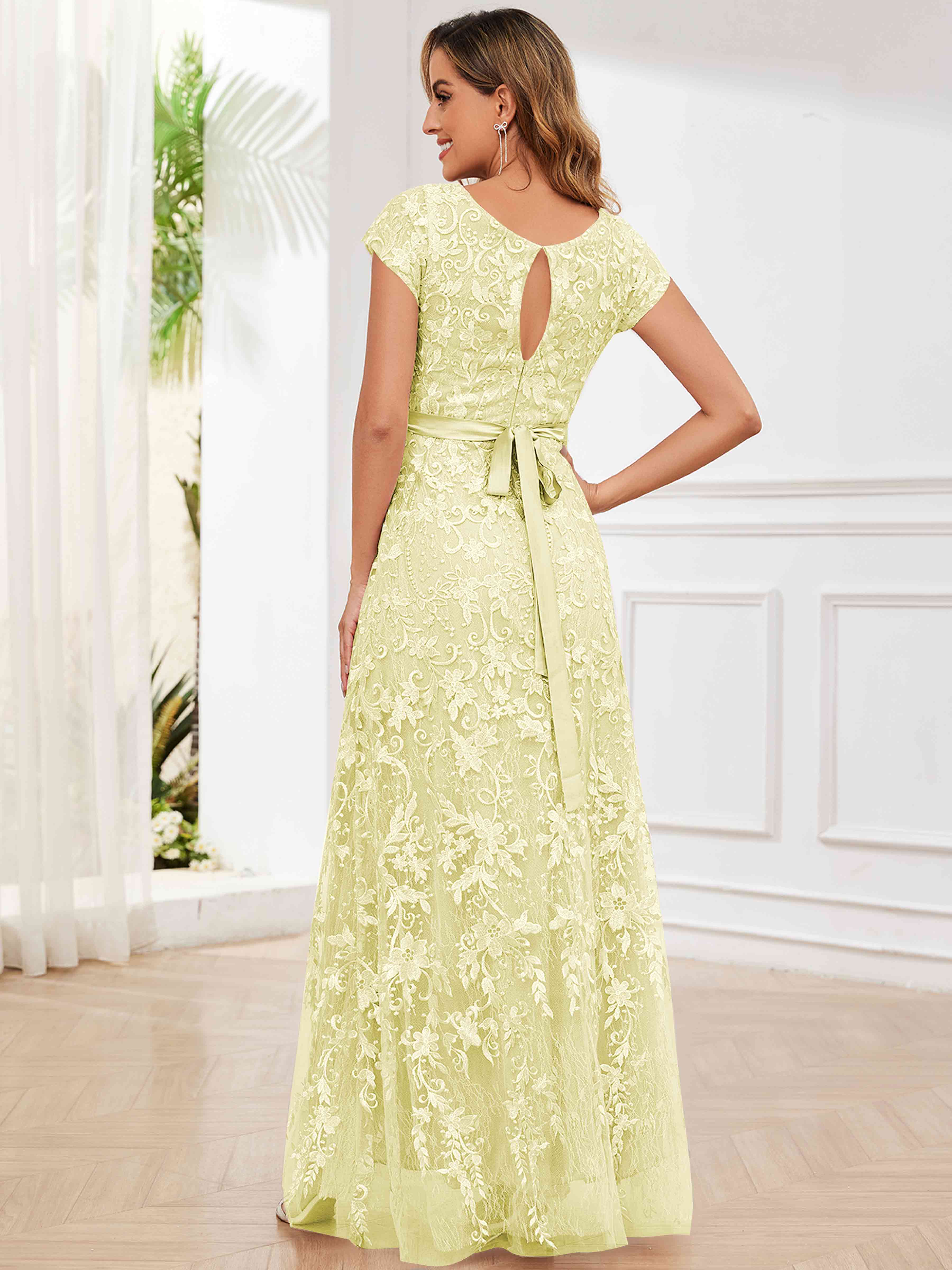 ROVDESY Elegant Lace Mother Of The Bride Dress With Short Sleeves Formal Gown