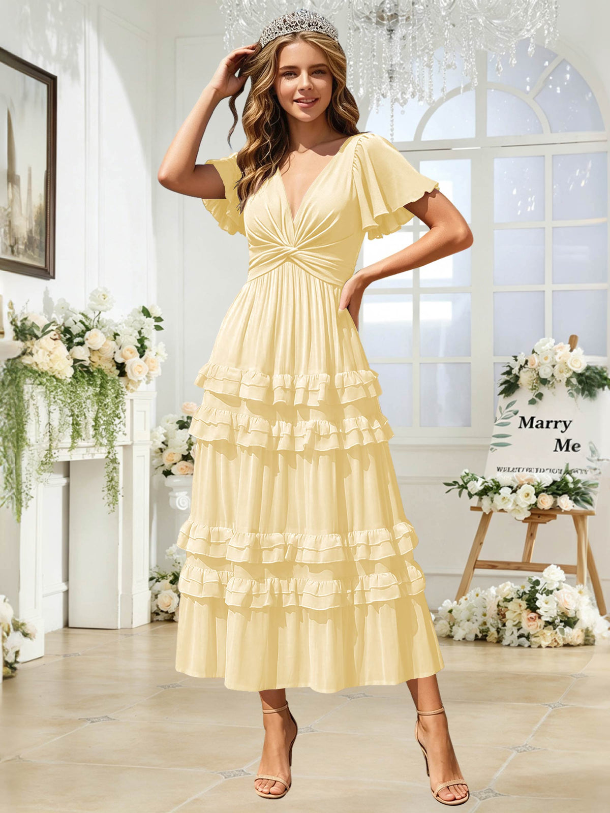 A Line Chiffon Pleated Bridesmaid Dress with Sleeves