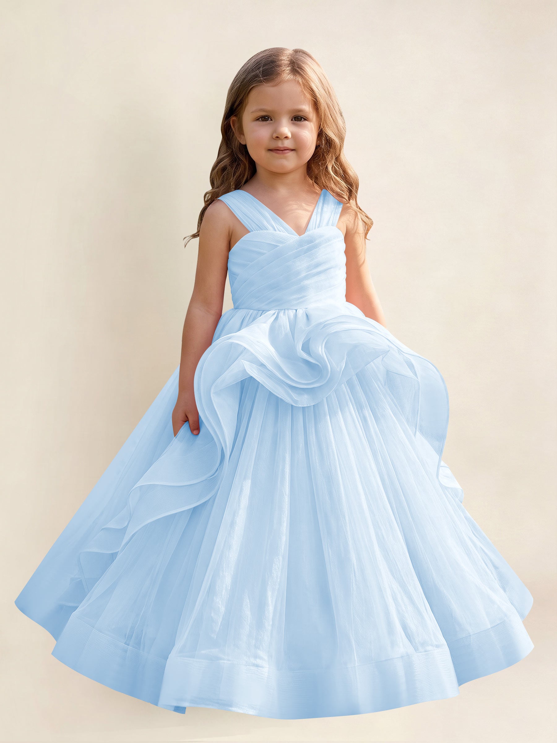 ROVDESY A-Line V-Neck Tulle Flower Girl Dress With Sleeveless Long Ball Gown Dress