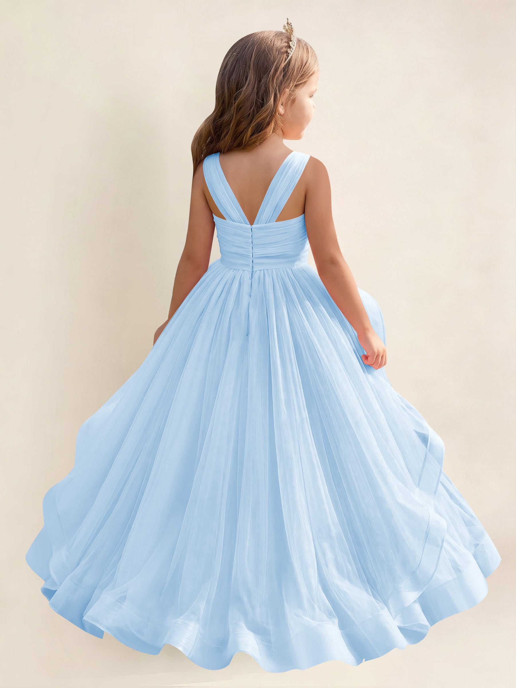 ROVDESY A-Line V-Neck Tulle Flower Girl Dress With Sleeveless Long Ball Gown Dress