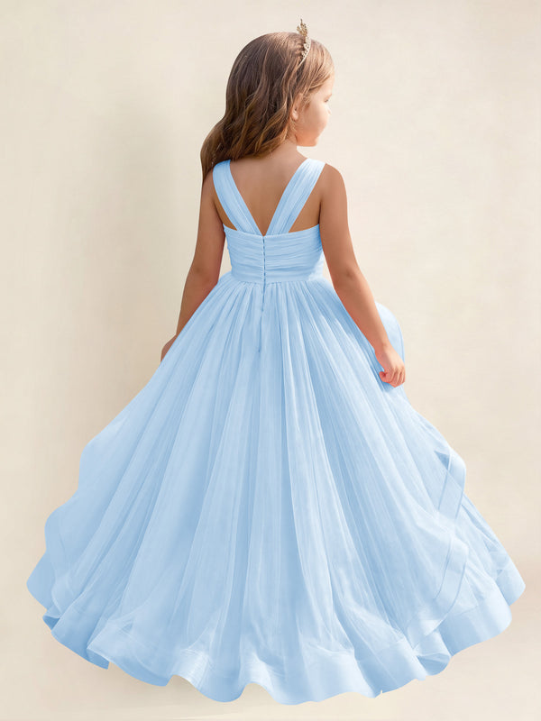 A-Line V-Neck Tulle Flower Girl Dress With Sleeveless Long Ball Gown Dress