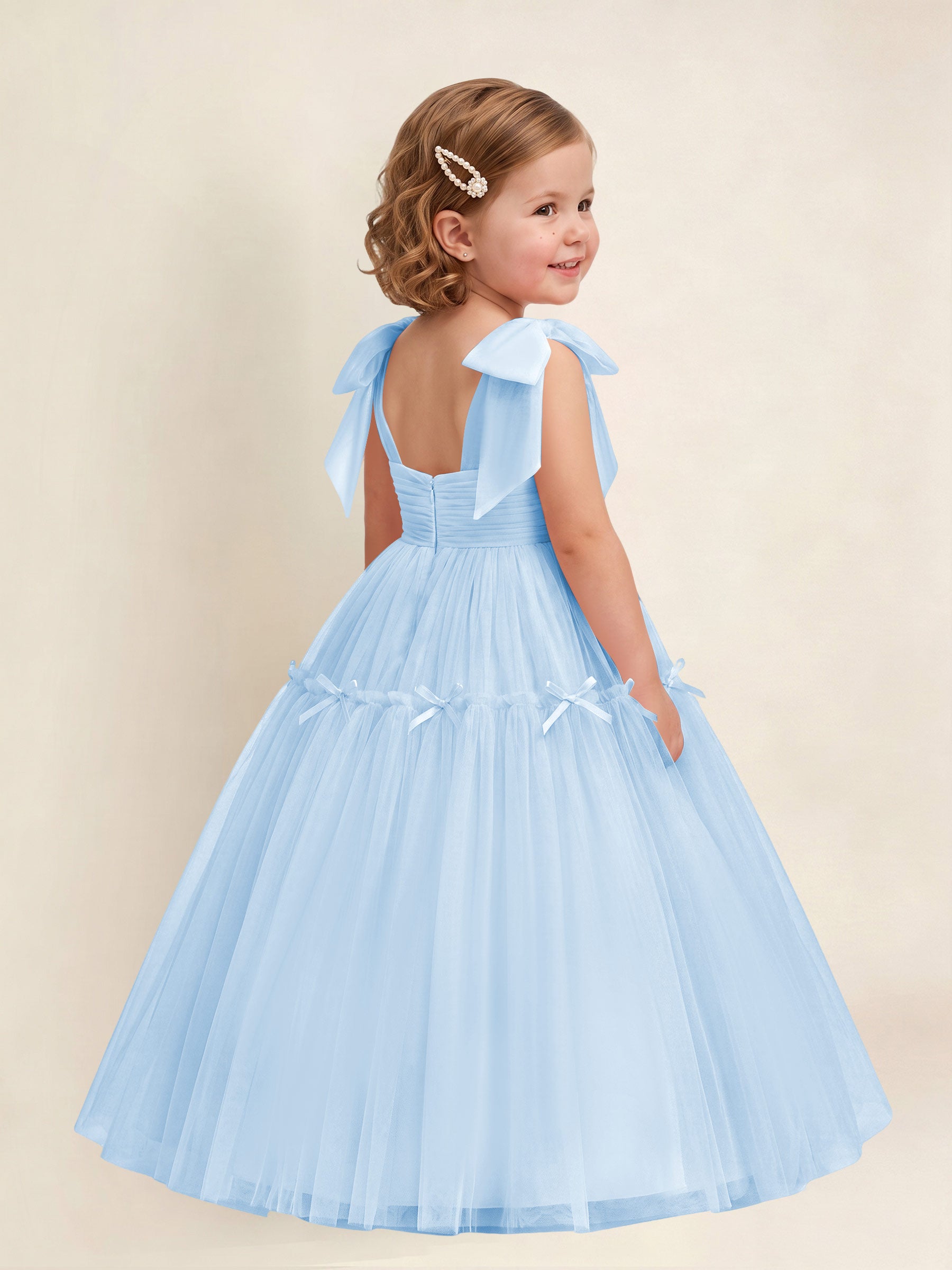 ROVDESY A-Line Tulle Flower Girl Dress With Bow Long Ball Gown Dress
