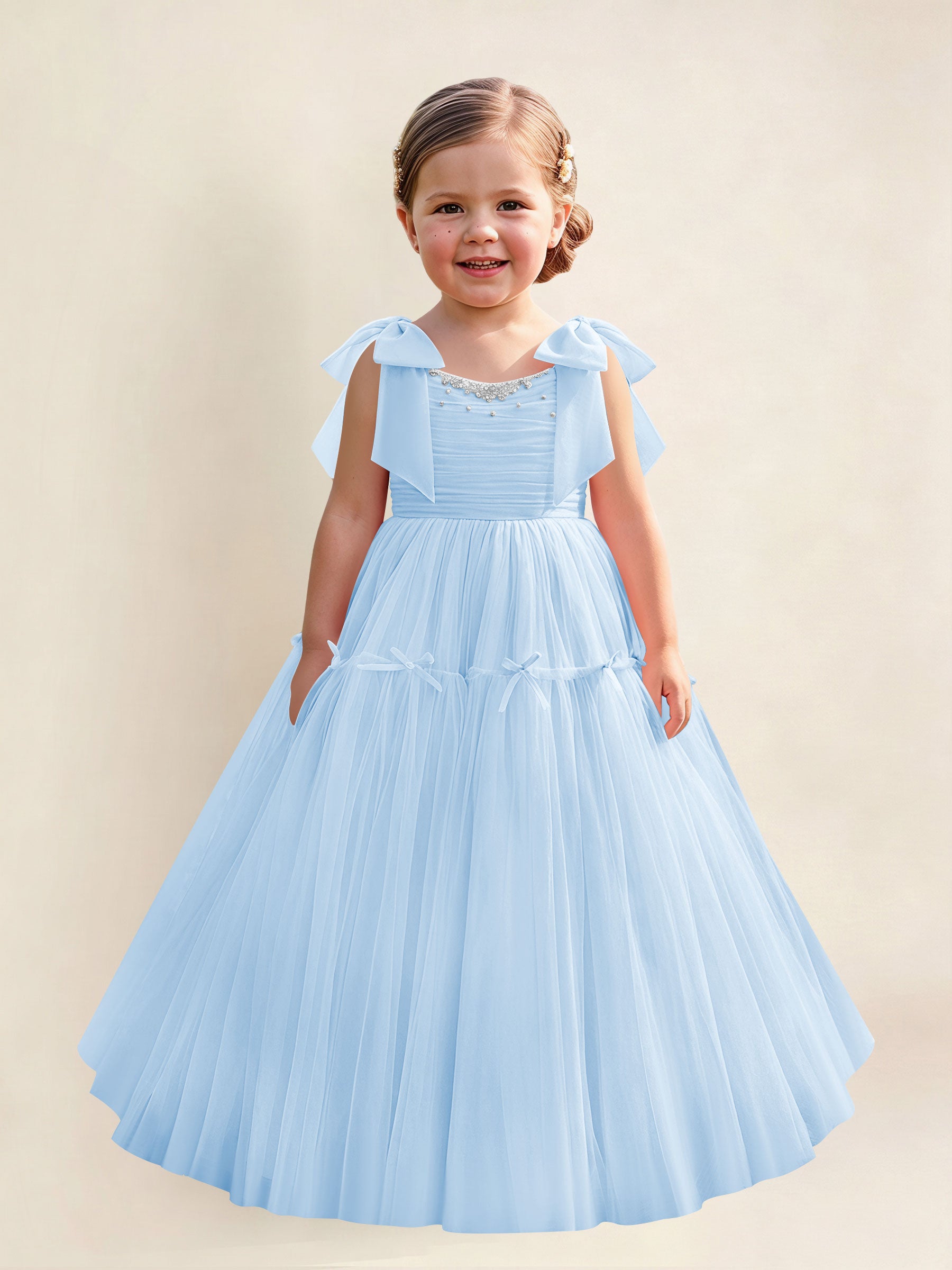 ROVDESY A-Line Tulle Flower Girl Dress With Bow Long Ball Gown Dress