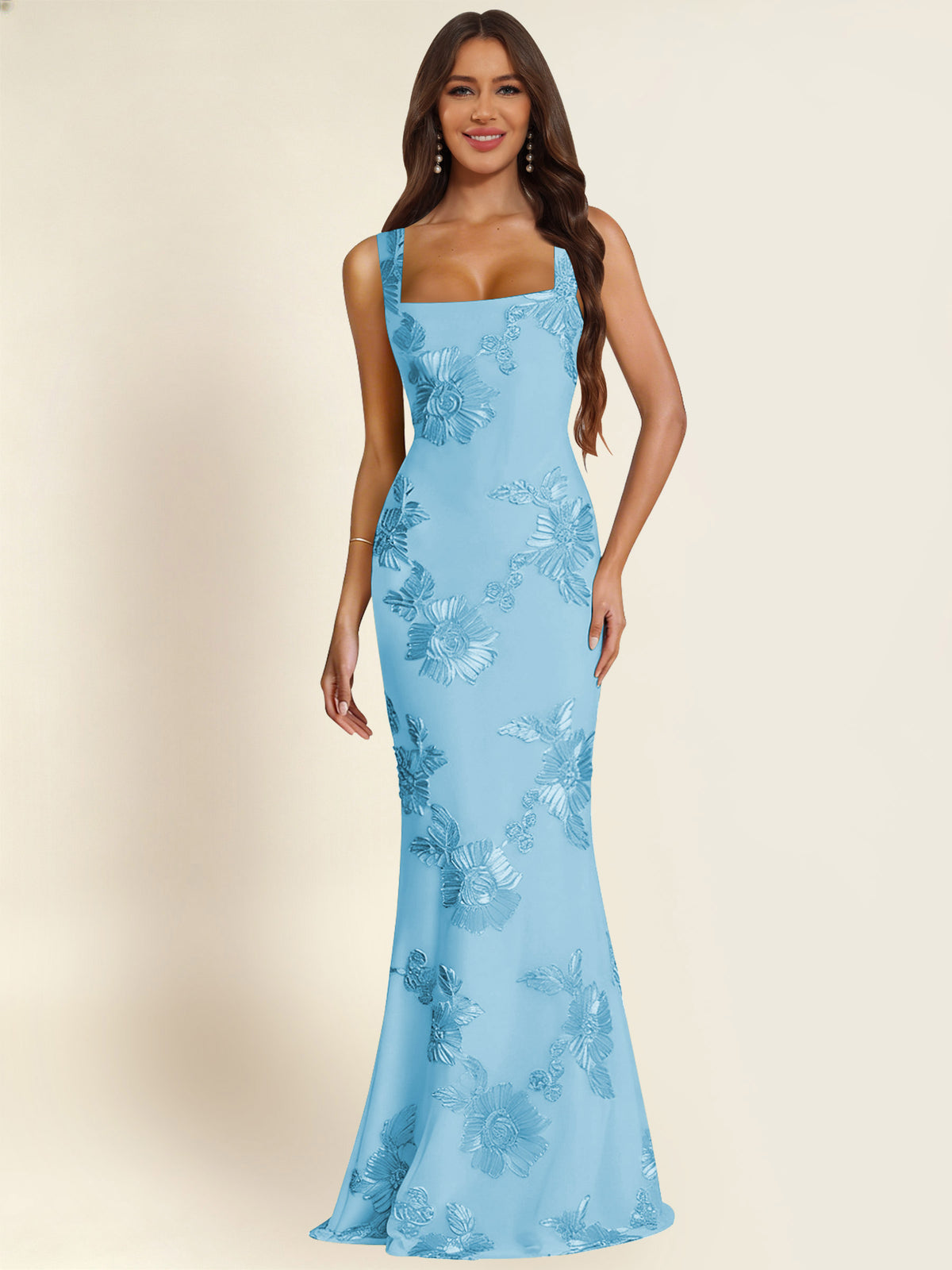 ROVDESY Square Neck Floral Applique Mermaid Long Prom/Bridesmaid Dress