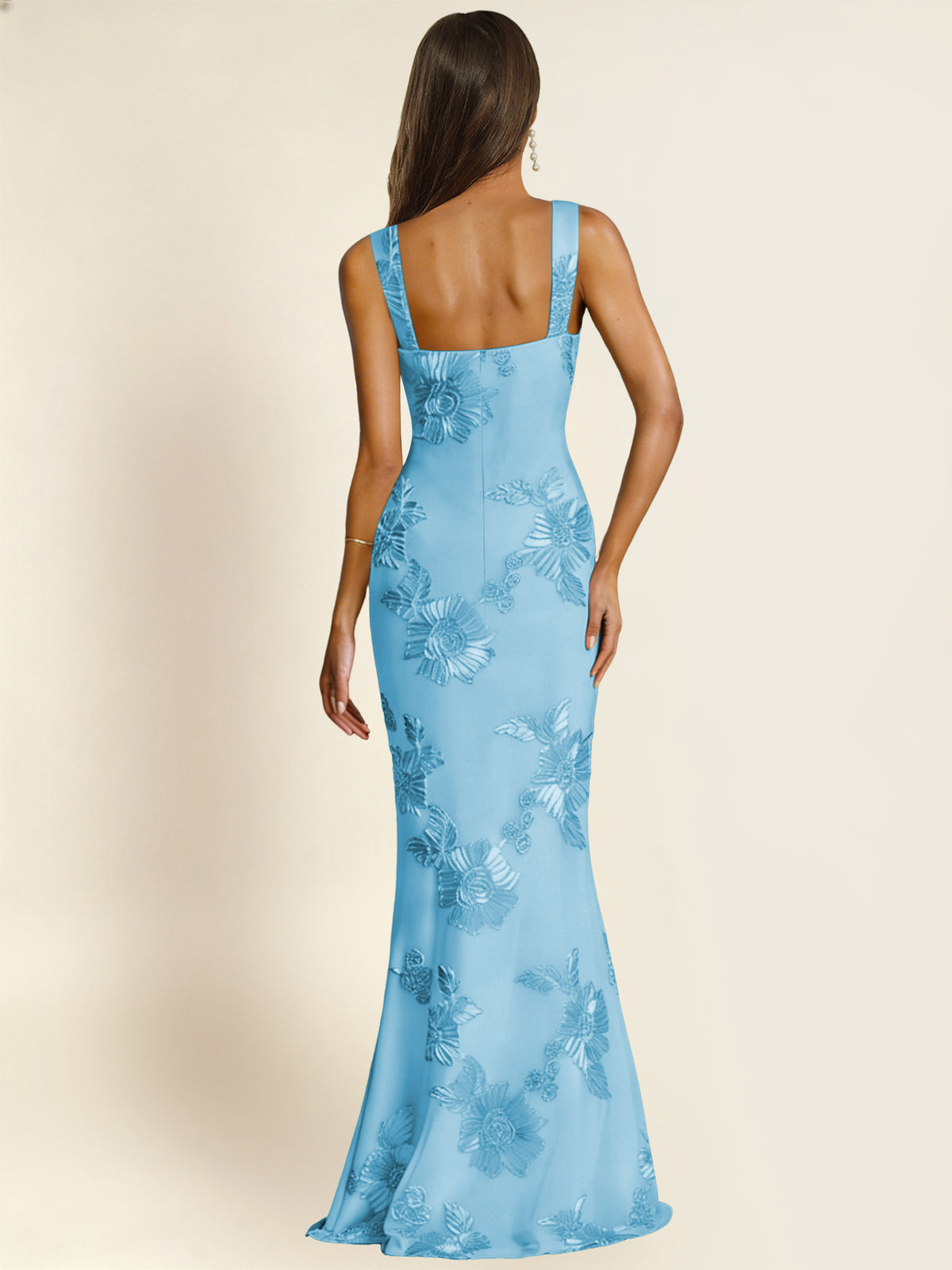 ROVDESY Square Neck Floral Applique Mermaid Long Prom/Bridesmaid Dress