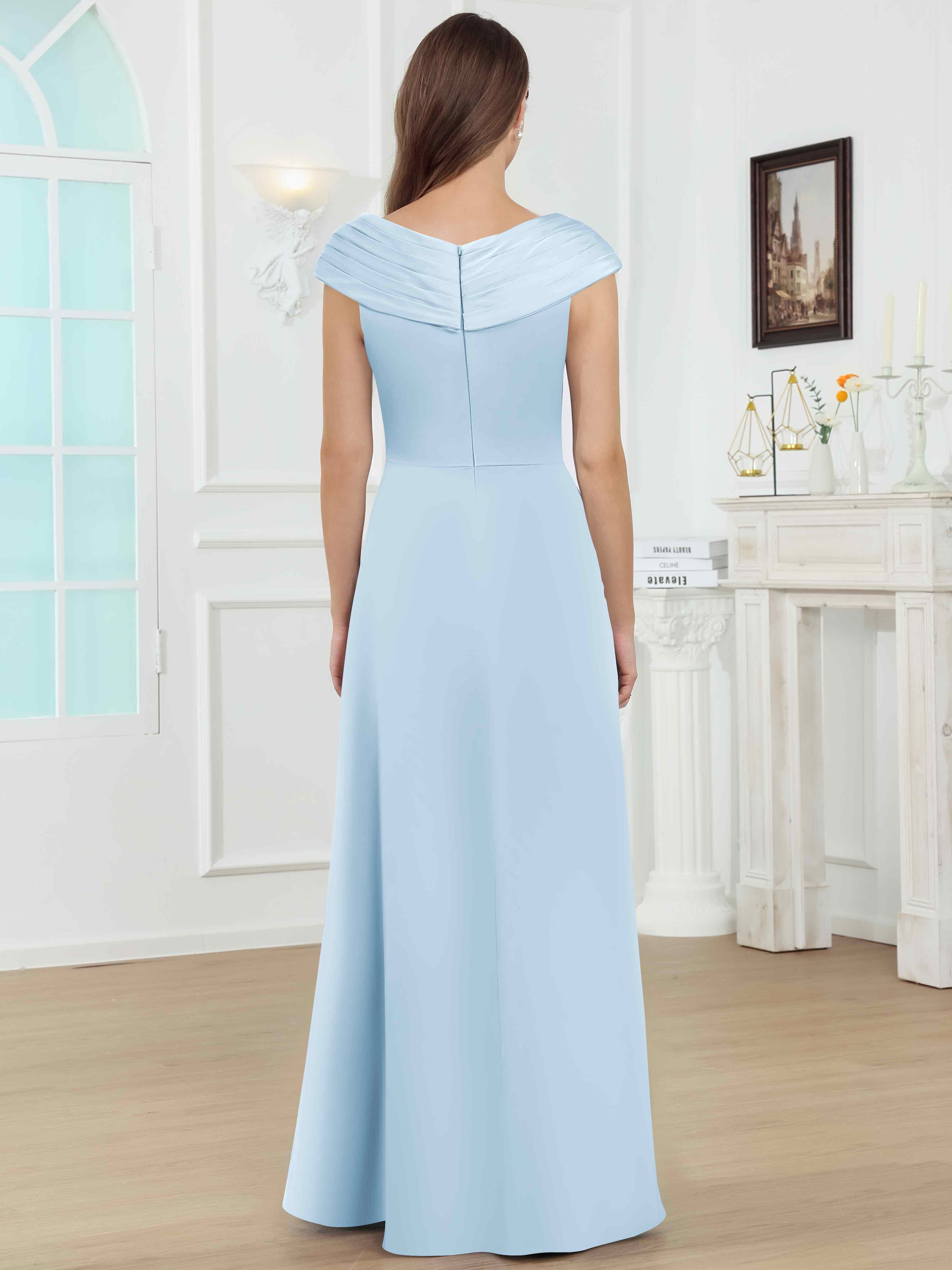 ROVDESY V-Neck Off The Shoulder Pleated Satin Mother Of The Bride Dress With Slit