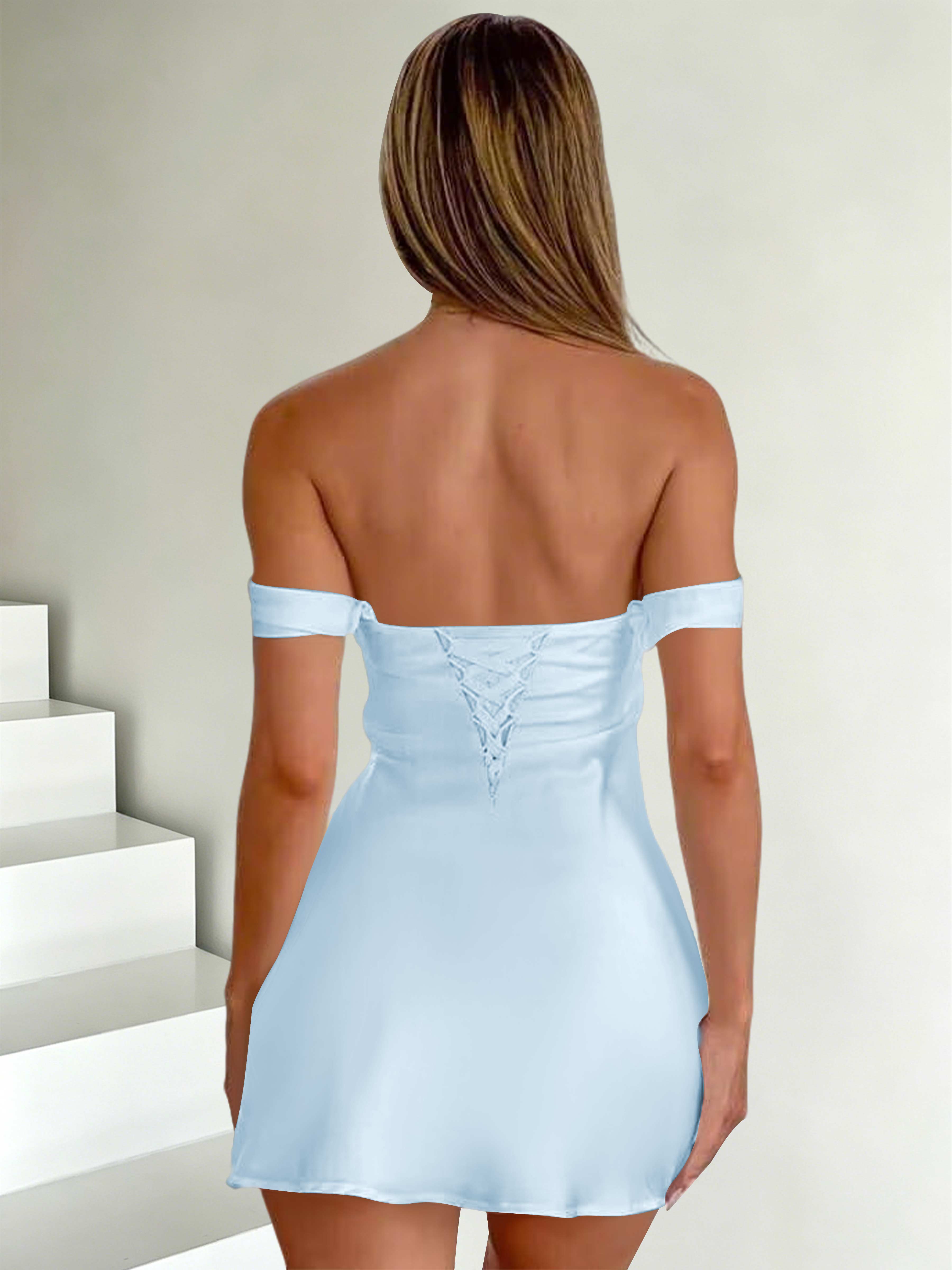 ROVDESY Off The Shoulder A-Line Pleated Satin Homecoming Mini Dress