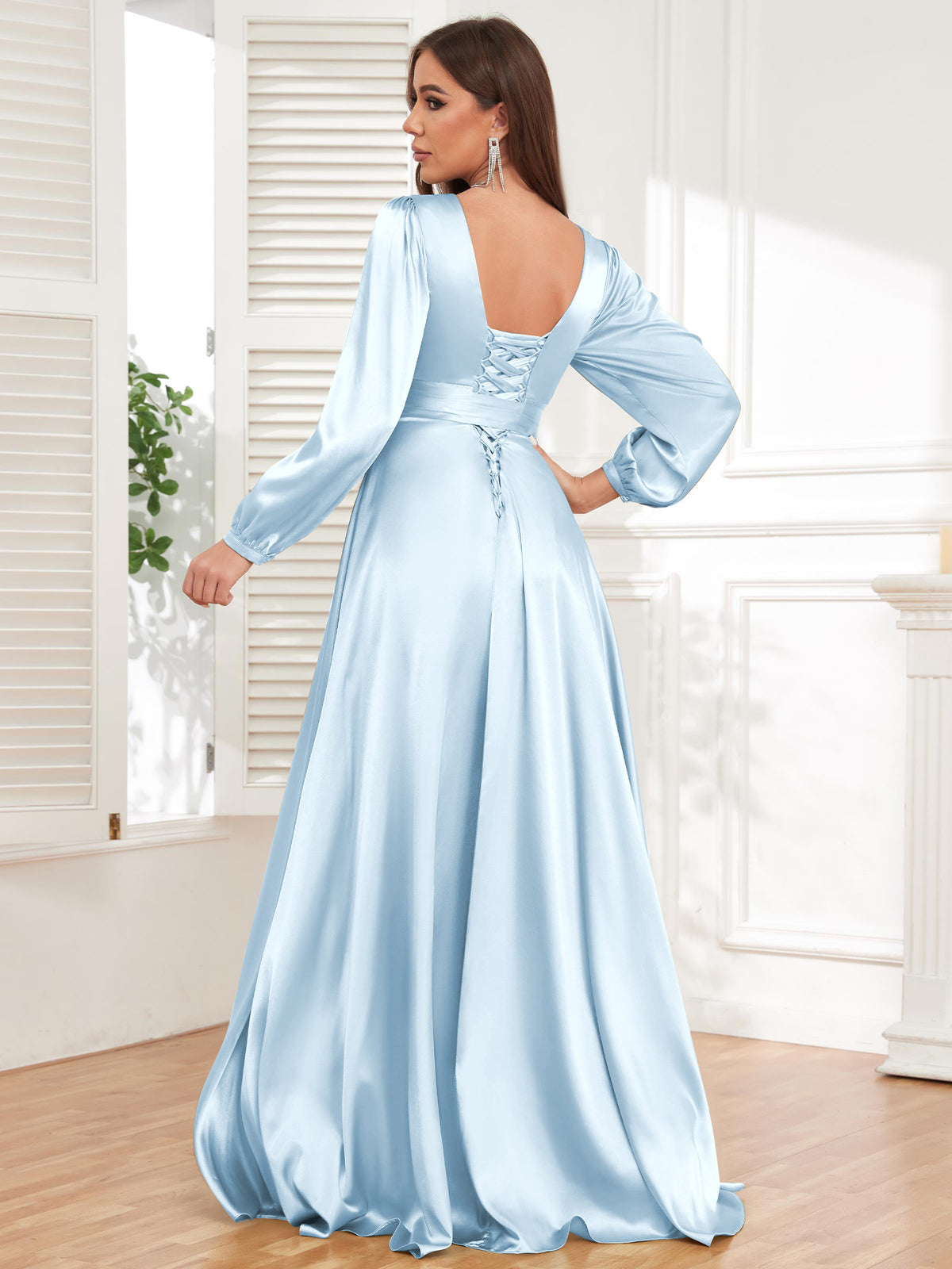 V Neck Satin Long Sleeve Bridesmaid Dress with Slit